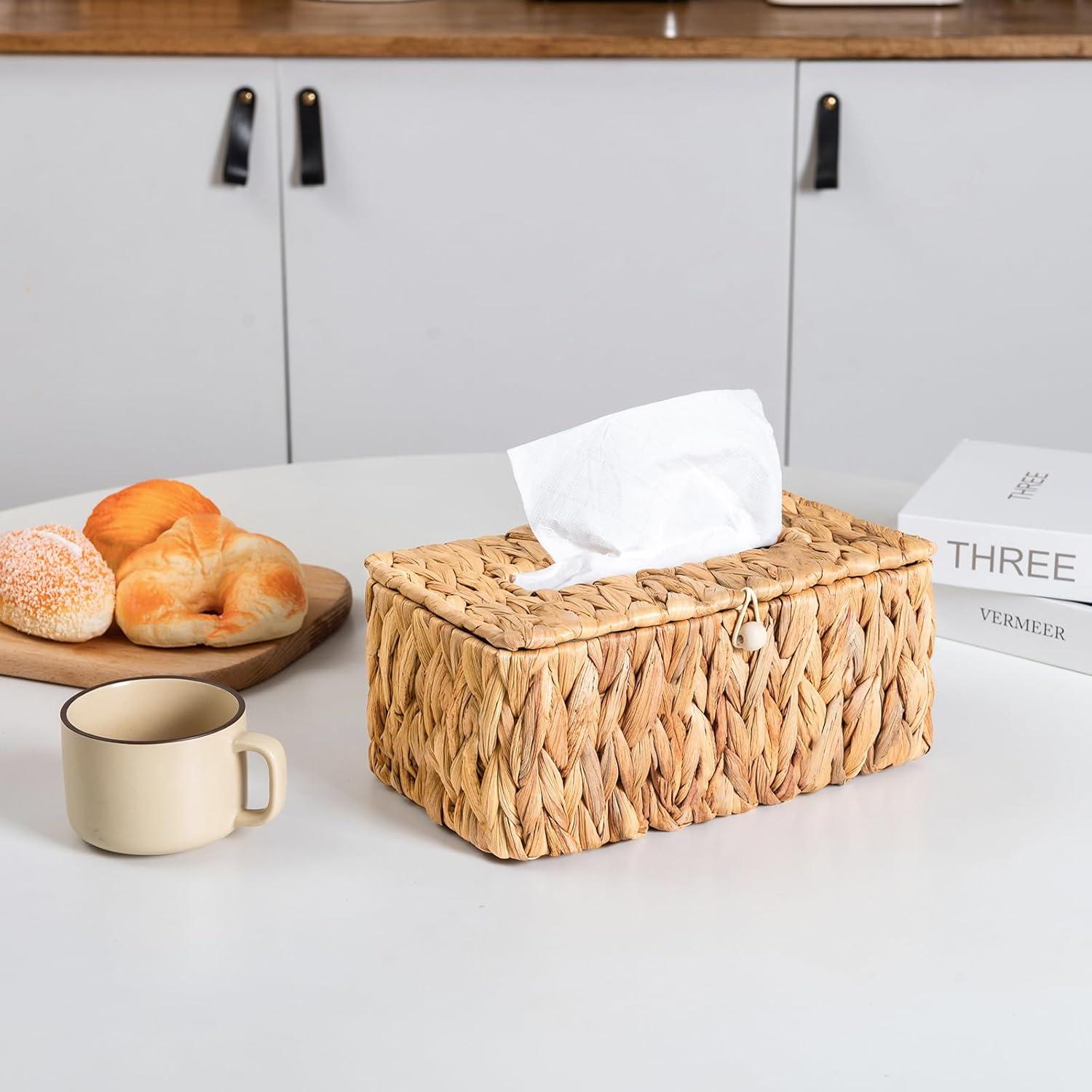 PINXIURY Water Hyacinth Handwoven Tissue Box Cover, Natural Handmade Wicker Napkin Box Holder, Handcrafted Square Facial Tissue, Rustic Decorative on Table and Bathroom, Office, Boho Decorative