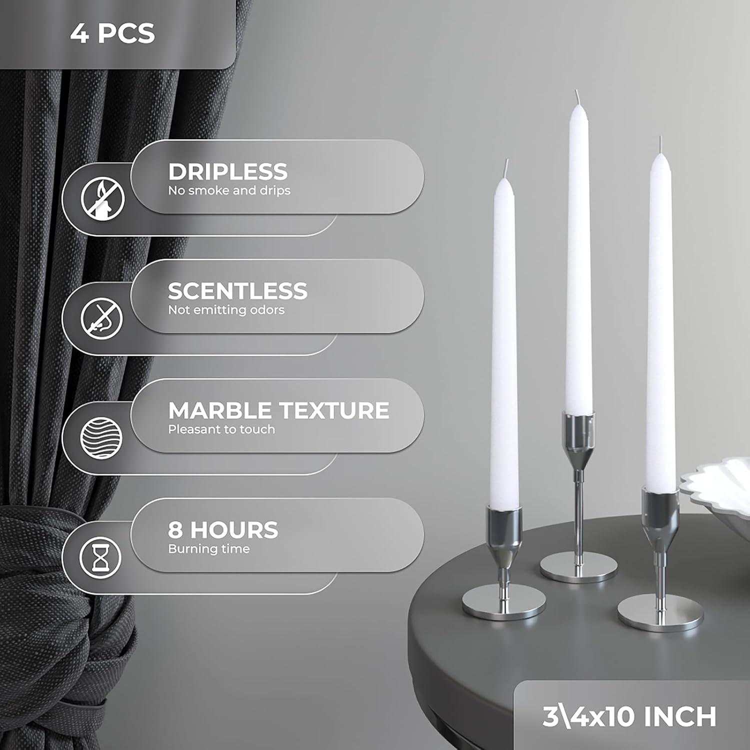 Candwax 10 inch Taper Candles Set of 4 - Dripless Taper Candles and Unscented Candlesticks - Perfect as Dinner Candles and Household Candles - White Candles