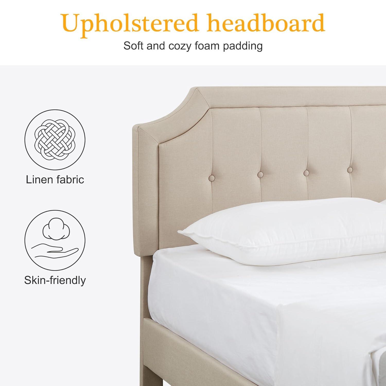 VECELO Queen Size Platform Bed Frame with Fabric Upholstered Headboard and Wooden Slats Support, No Box Spring Needed/Easy Assembly,Beige
