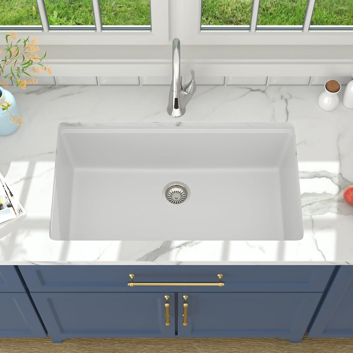 Lordear 33 Inch White Kitchen Sink Undermount Composite Granite Quartz Single Bowl Workstation 33x19x10 Inch Under Counter Kitchen Sinks
