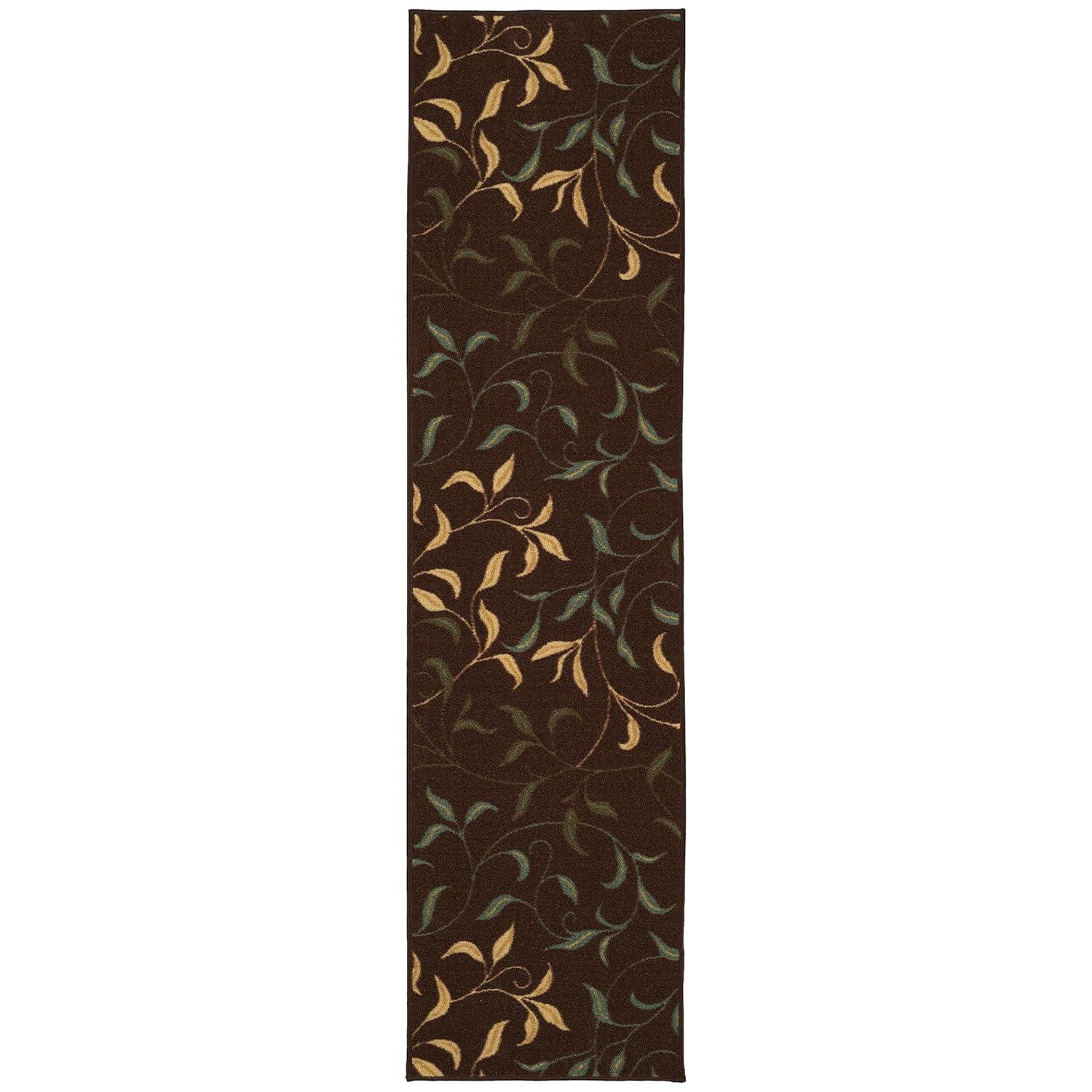 Ottohome Non-Slip Leaves Area Rug For Living Room, Hallway Runner, Entryway Rug, Brown