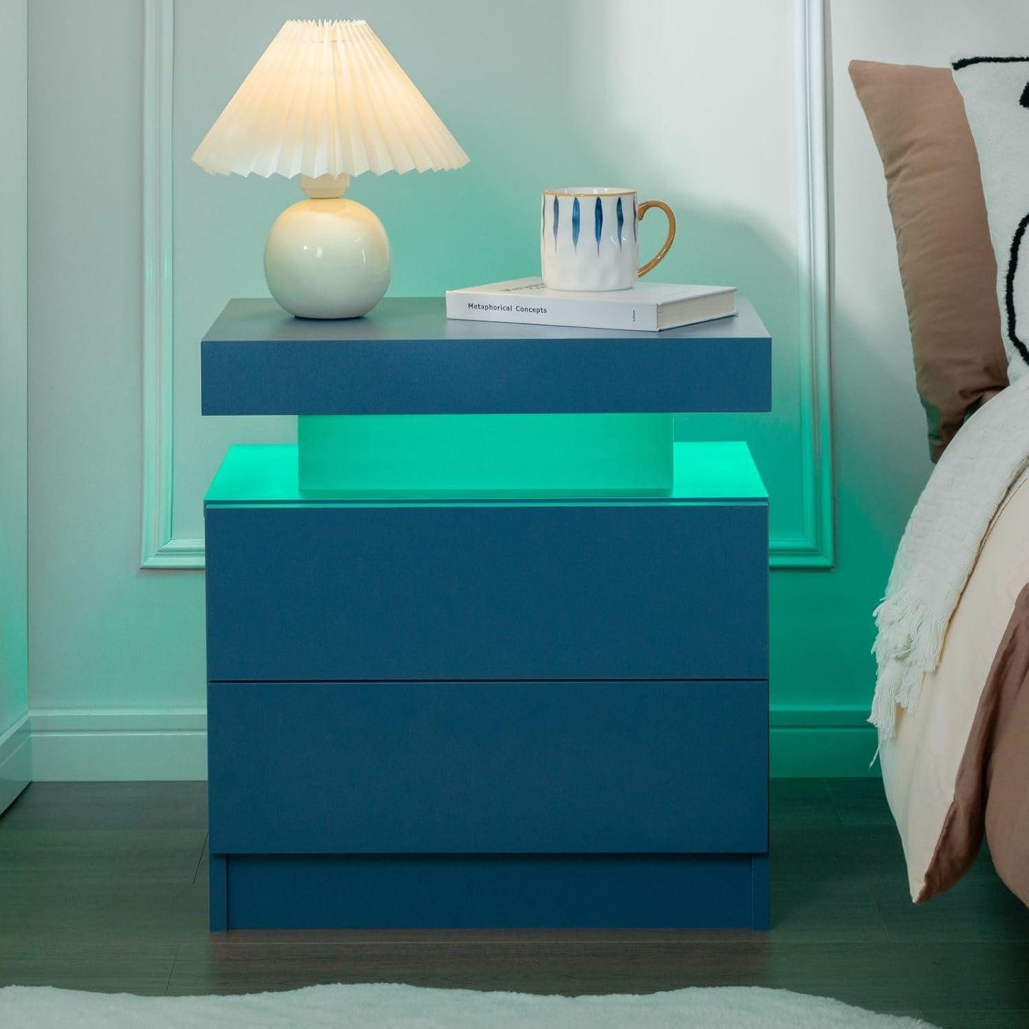 Blue Particle Board Nightstands with LED Lights and 2 Drawers