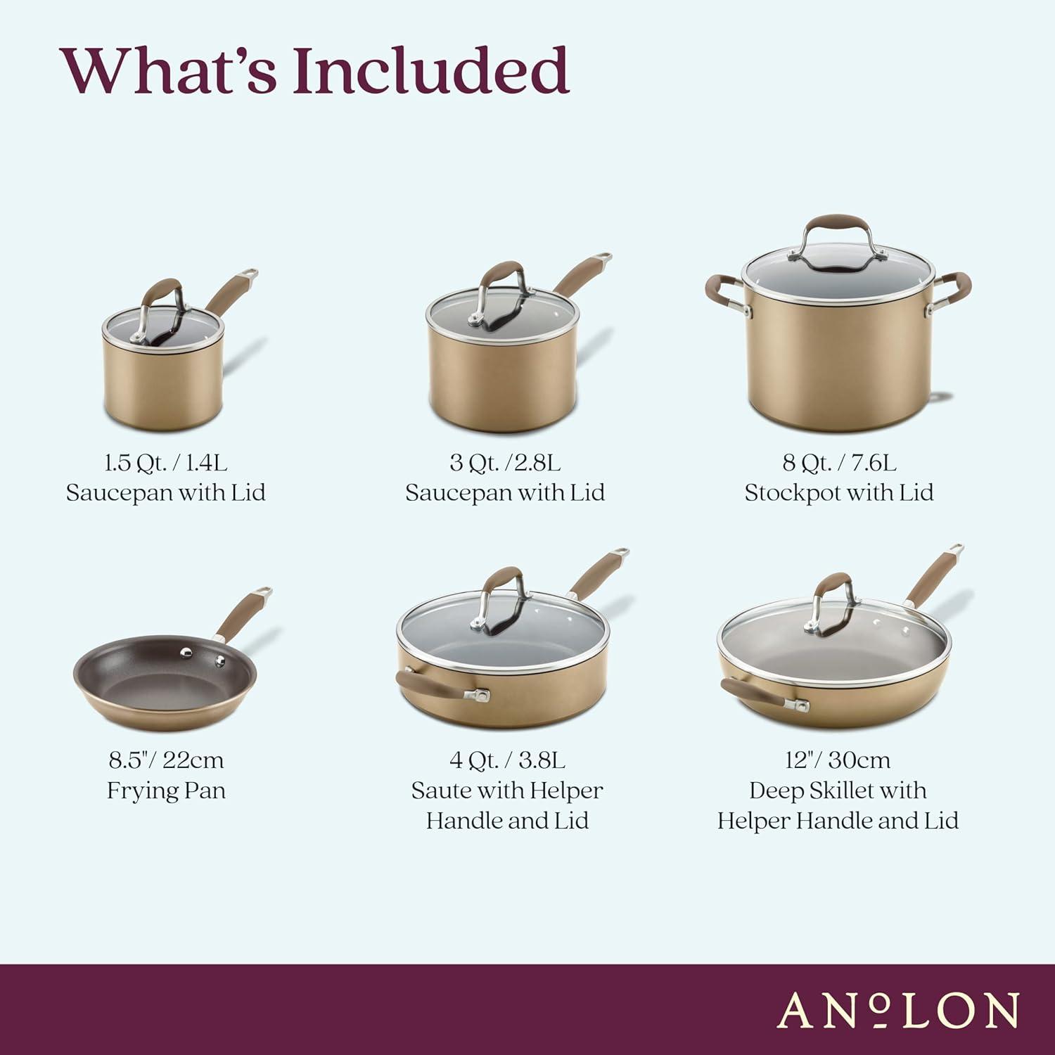 Anolon Advanced Home 11pc Set Bronze: Nonstick Cookware, Hard Anodized Aluminum, Gas & Electric Compatible