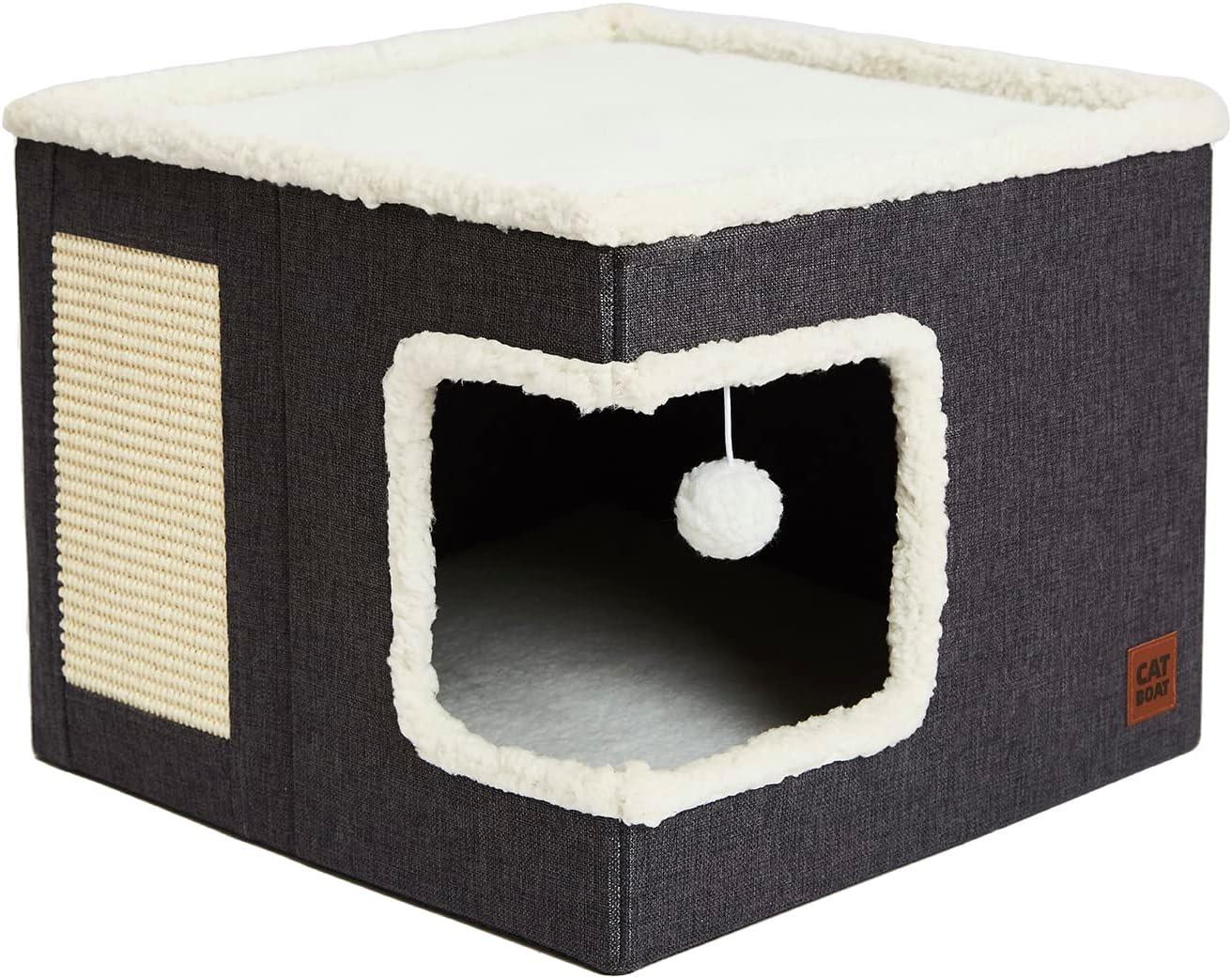 Large Grey Wool Triangle Cat Bed with Scratch Pad