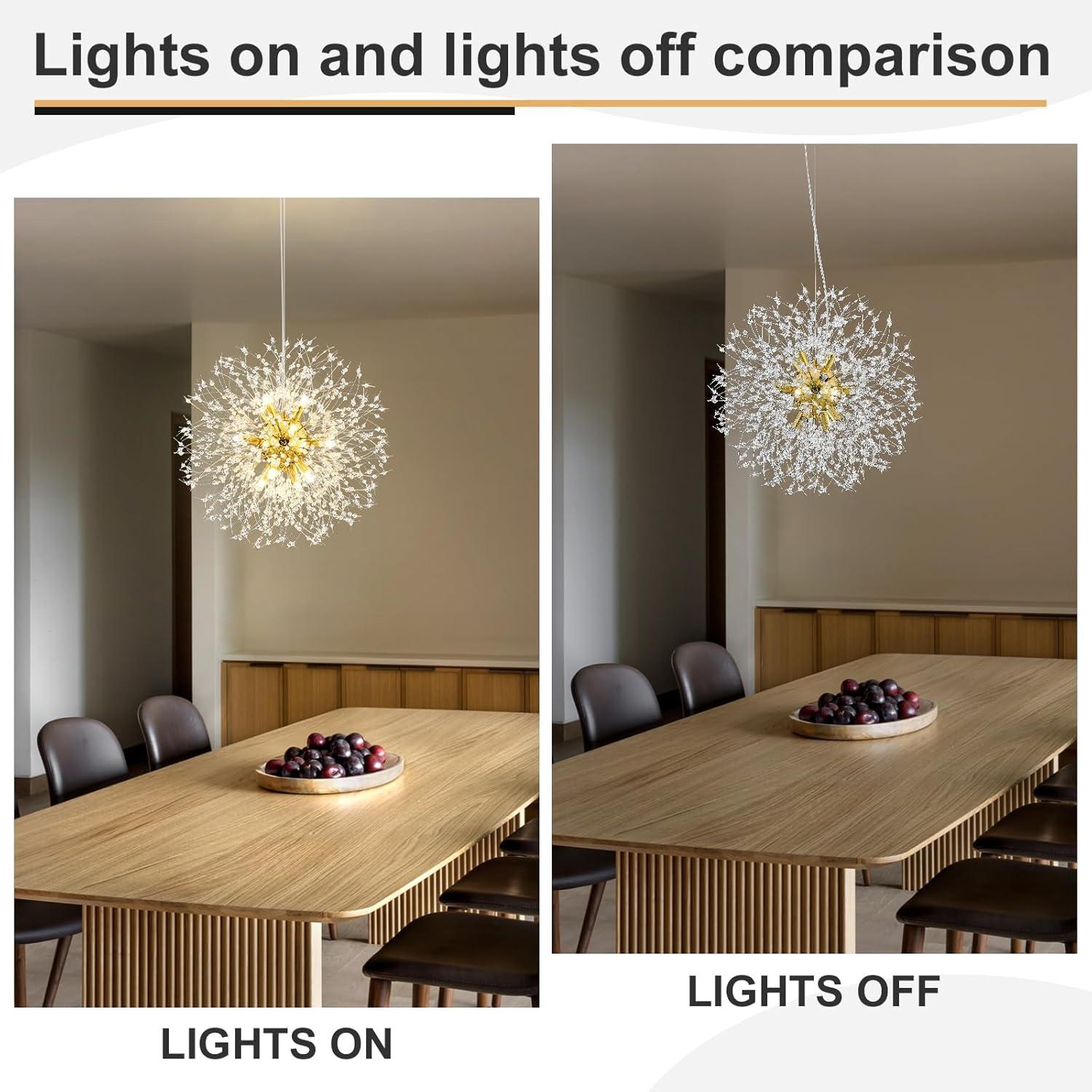 Mercer41 Modern Gold Crystal Chandelier With 12-Light Firework Design, Adjustable Dandelion Pendant Lighting For Dining Room, Living Room, Bedroom, Kitchen, And Hallway