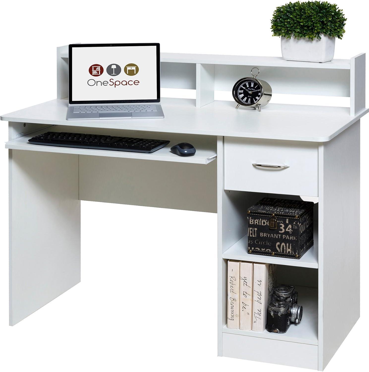 OneSpace 50-LD0101 Essential Computer Desk with Hutch and Keyboard Tray, White Finish