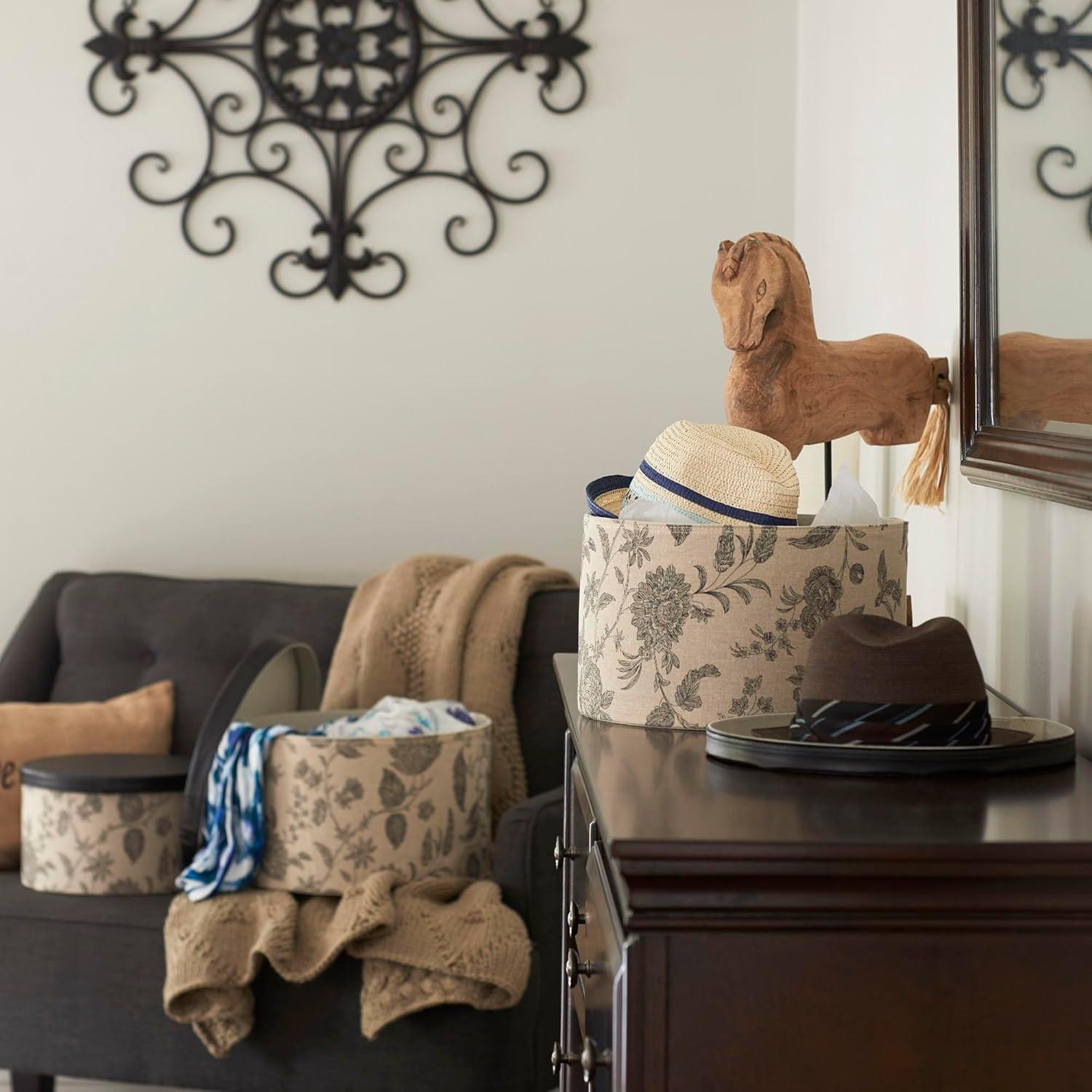 Round Hat Boxes with Lids, Detailed Floral Print with Faux Leather Lids, Large, Medium and Small, Black and Tan