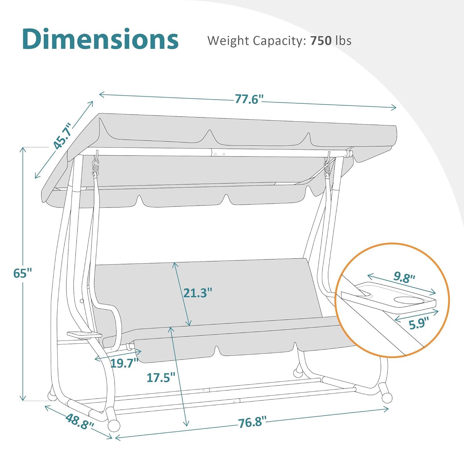 MCombo 3 Seat Patio Swing Chair, Outdoor Swing with Adjustable Canopy, Porch Swing