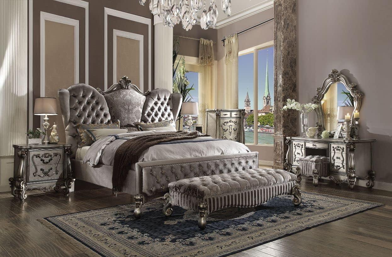 Gray Velvet Upholstered Queen Bed with Nailhead Trim