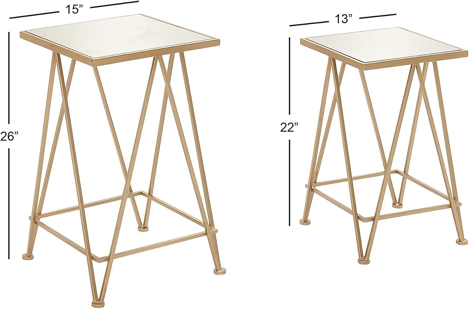 DecMode 15" x 26" Gold Metal Accent Table with Mirrored Glass Top, 2-Pieces