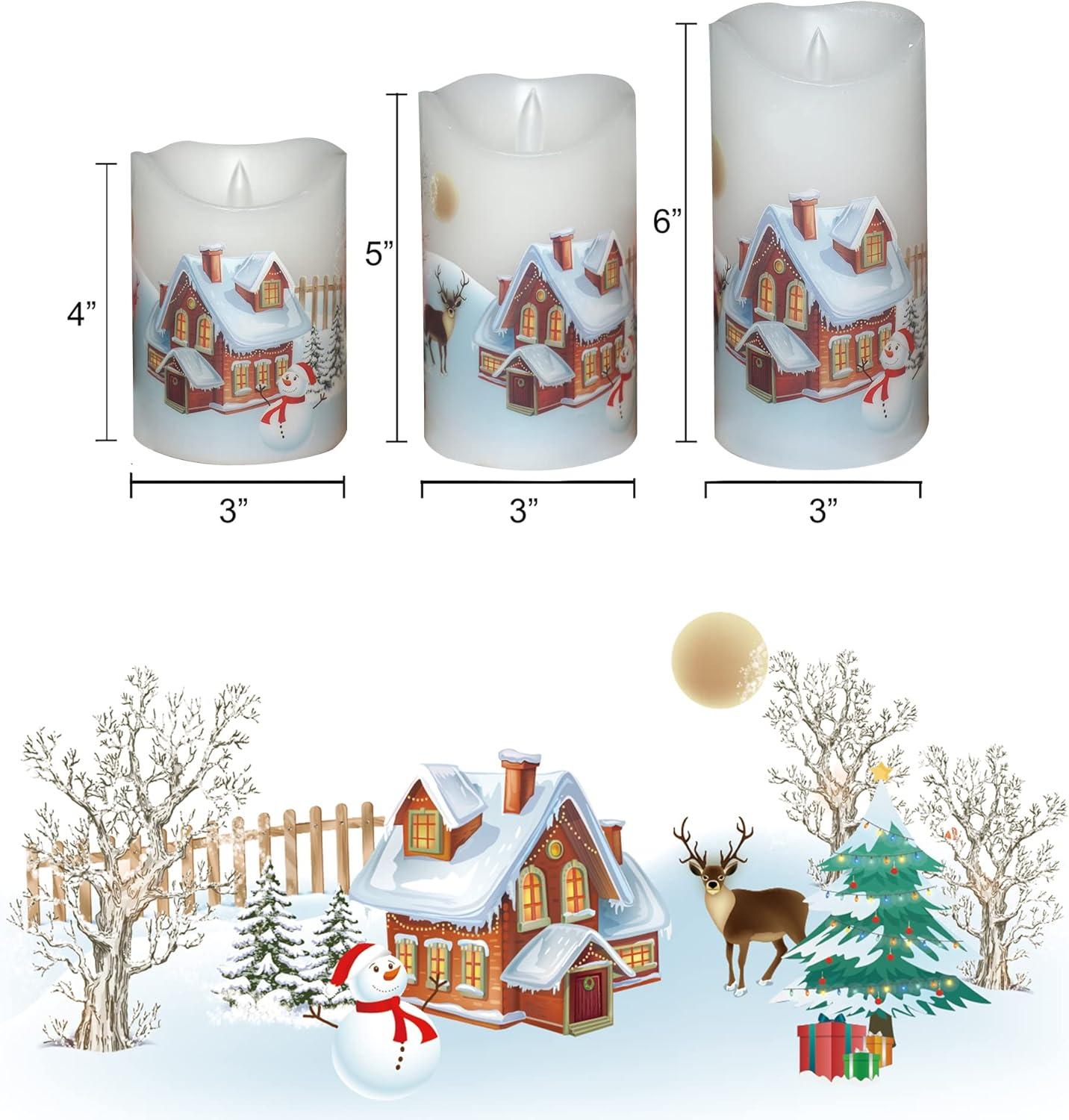 CANDLE CHOICE Christmas Flameless Candles with Remote Timer Real Wax Realistic Flickering Battery Operated Electric LED Pillars with Decals Reindeer Snowman Xmas Tree for Holiday Decorations 3 Pack