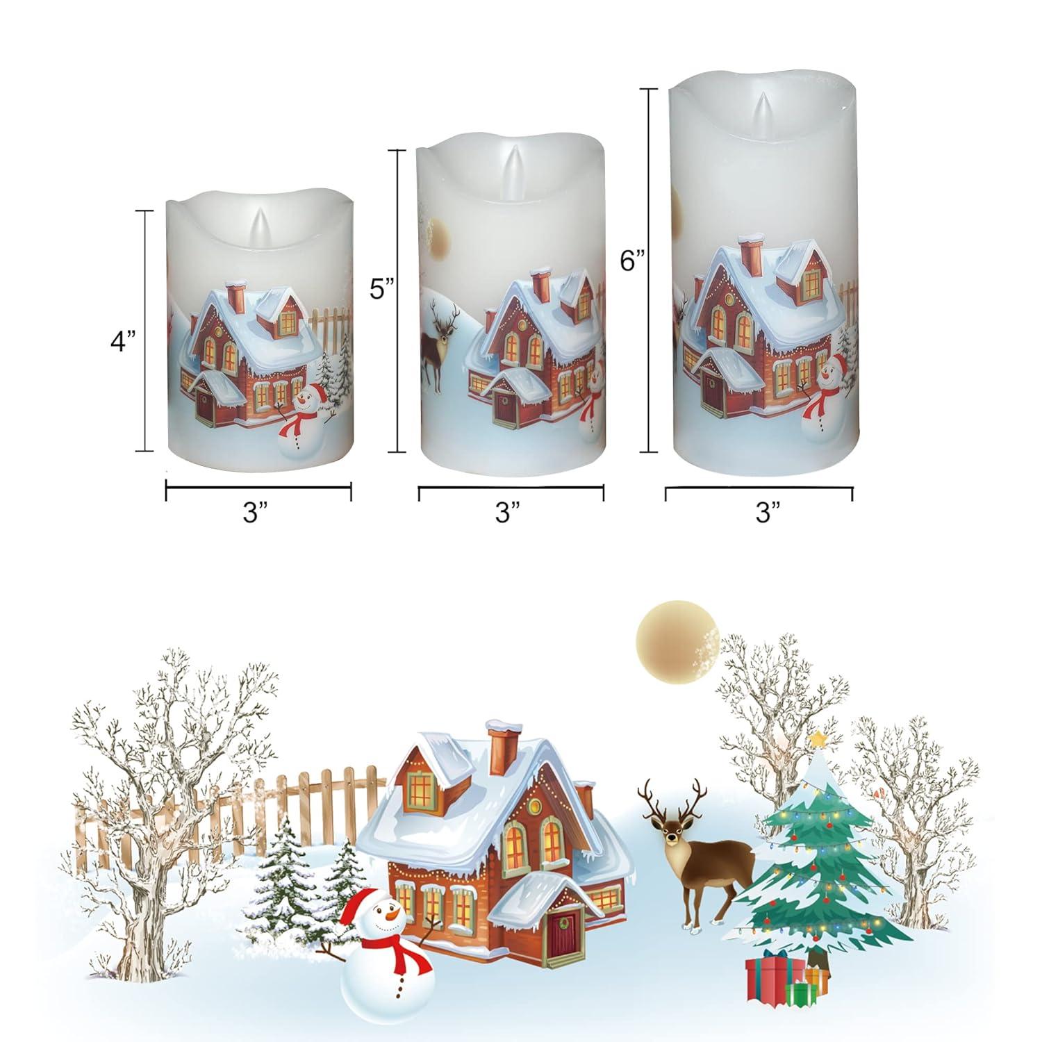CANDLE CHOICE Christmas Flameless Candles with Remote Timer Real Wax Realistic Flickering Battery Operated Electric LED Pillars with Decals Reindeer Snowman Xmas Tree for Holiday Decorations 3 Pack