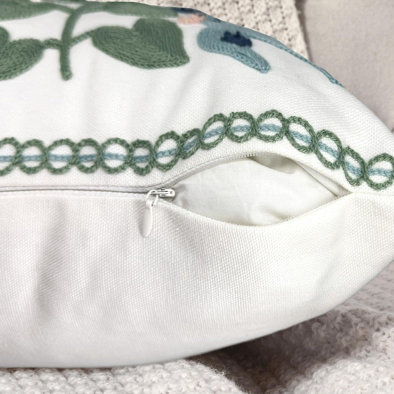 Navy and Green Floral Embroidered Cotton Euro Pillow Covers