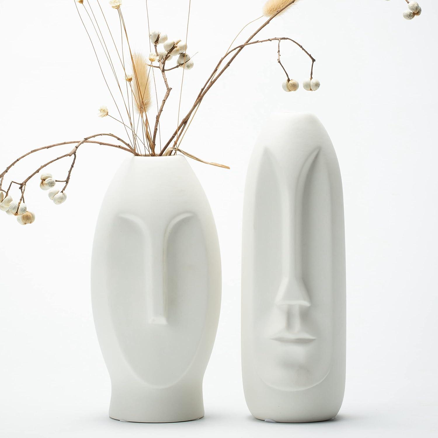 White Ceramic Handmade Face Vase Set of 2