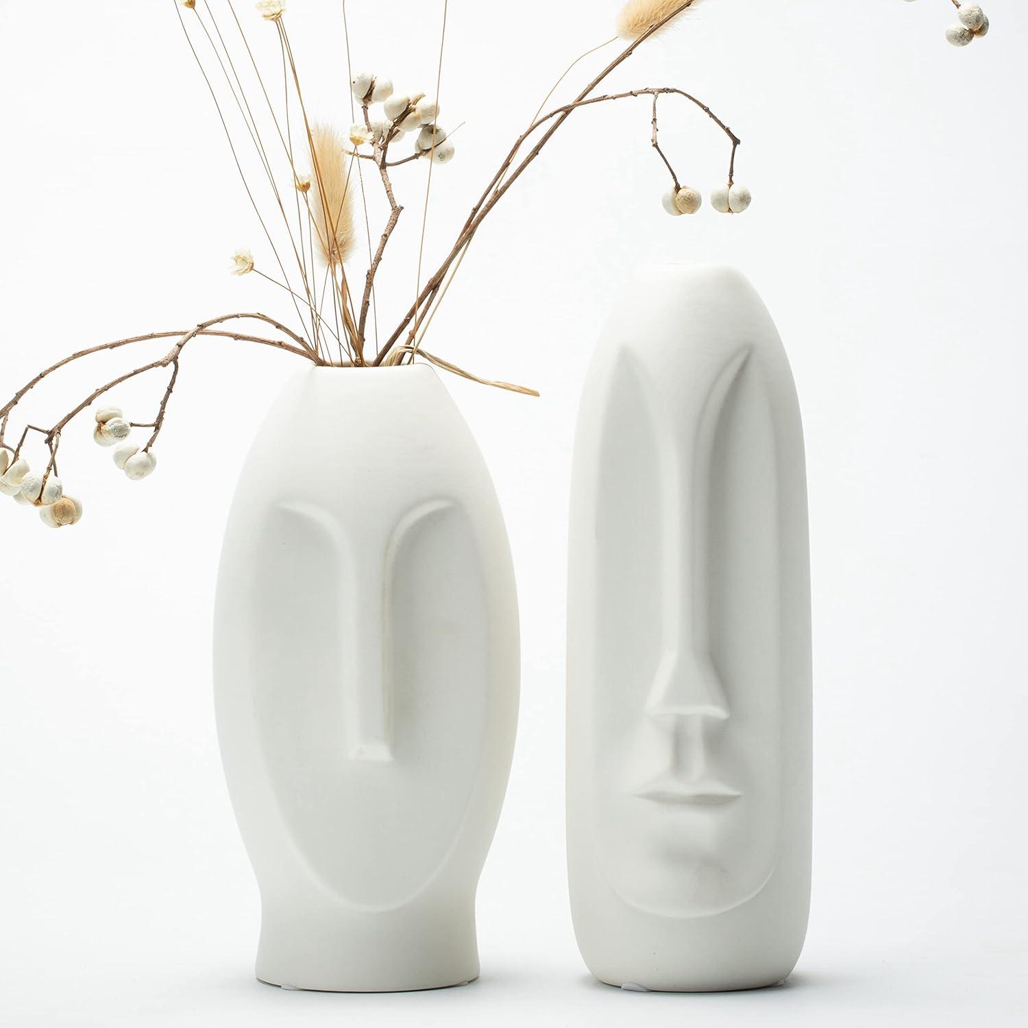 Ivy Bronx Face Vase Set of 2 - White Modern Vase. Ceramic Statue Human Face Vase Decor and Sculpture Decor