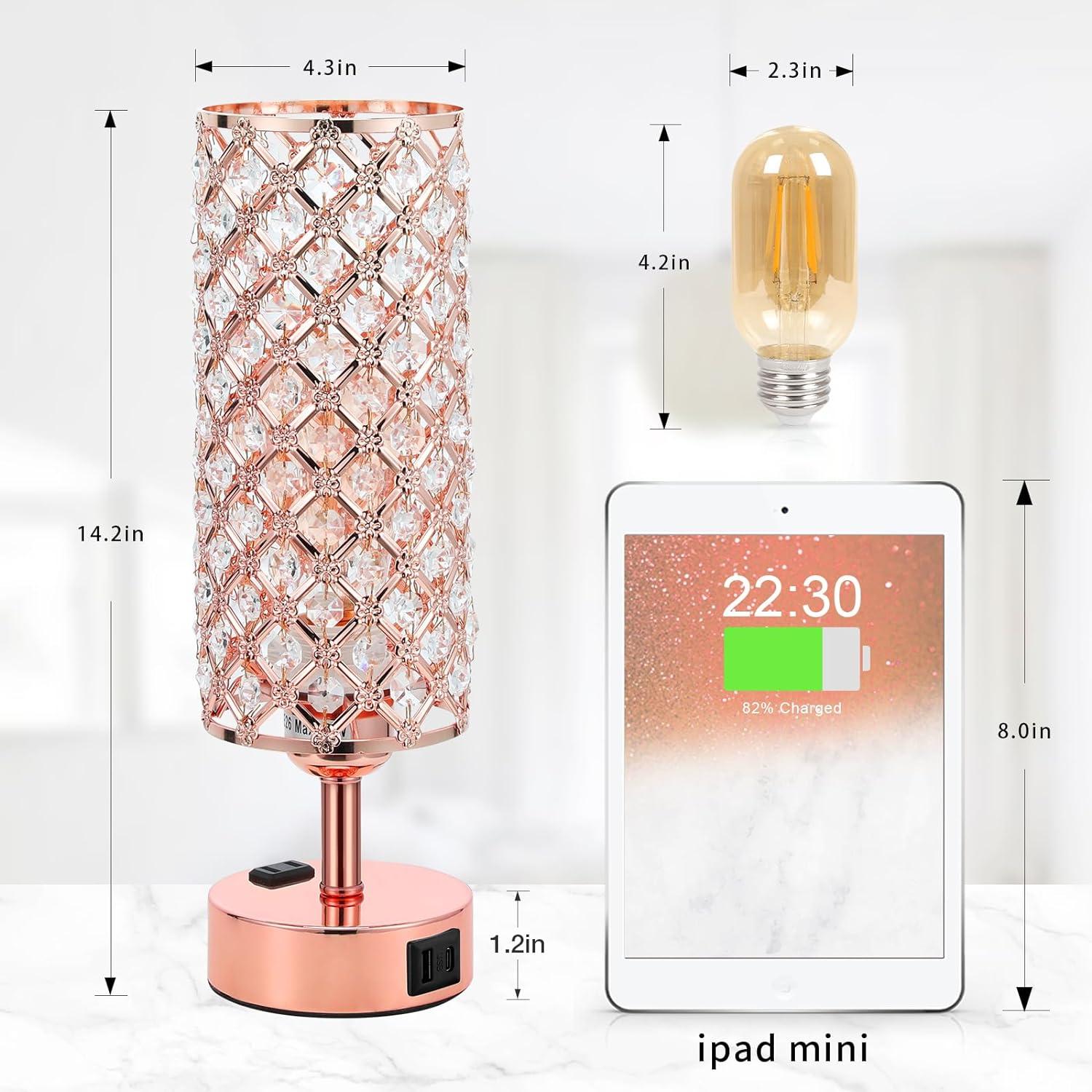 Rose Gold Crystal Touch Table Lamp with USB Ports