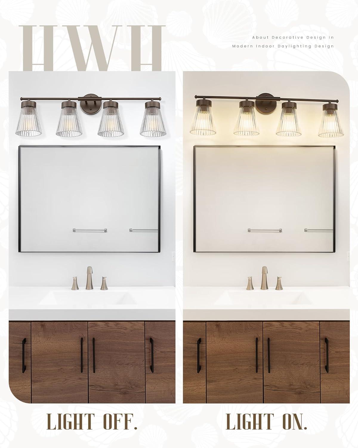 4-Light Bathroom Vanity Light, HWH Oil-Rubbed Bronze Bathroom Light Fixtures Farmhouse Vanity Lamp Over Mirror with Clear Striped Glass Shade, 5HZG97B-4W ORB