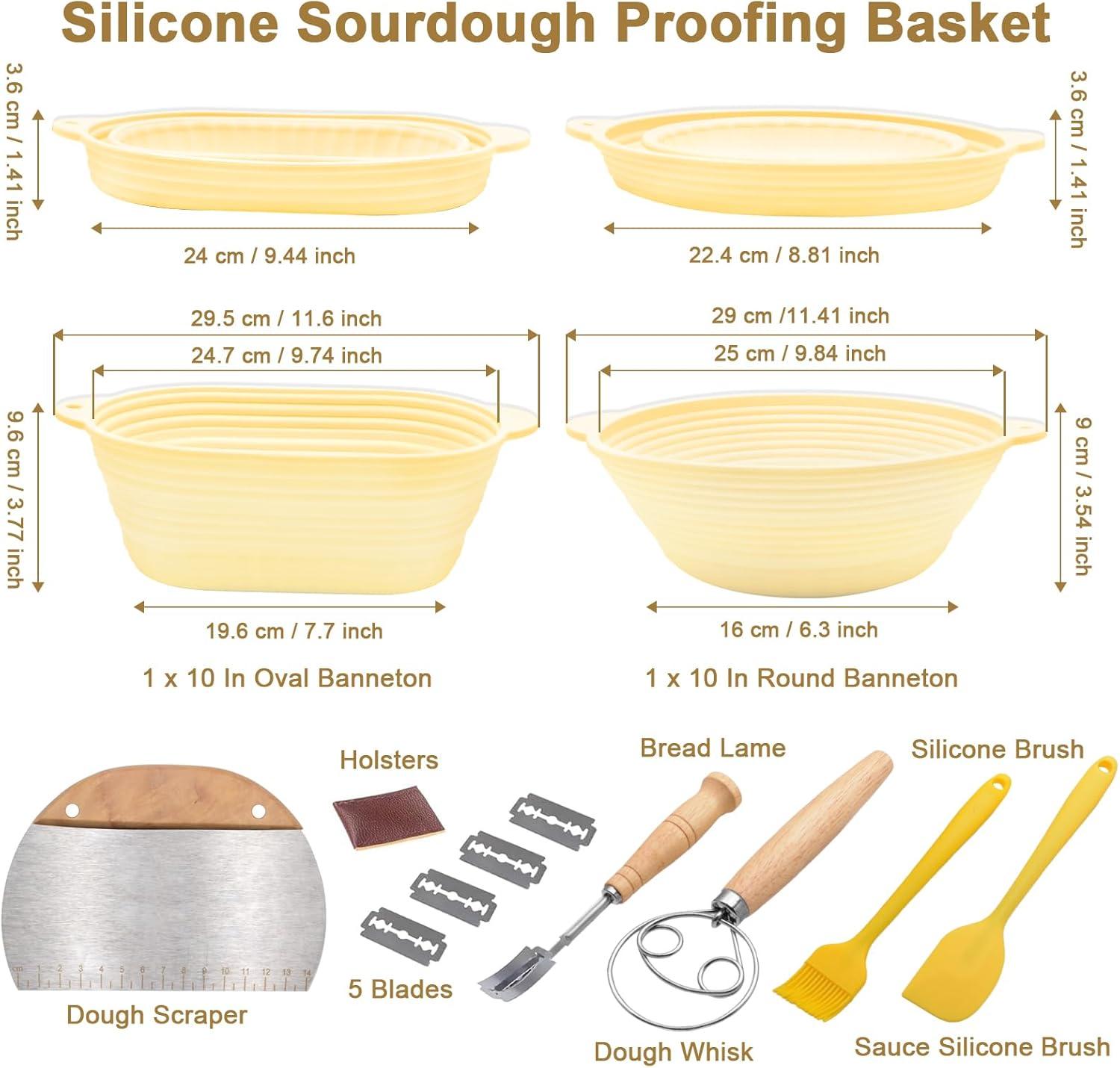 Premium Banneton Bread Proofing Basket Set of 2 - Silicone Sourdough Starter Kit 10 Inch Oval & 9 Food Grade Silicone Material Practical Bread Making Starter Kit