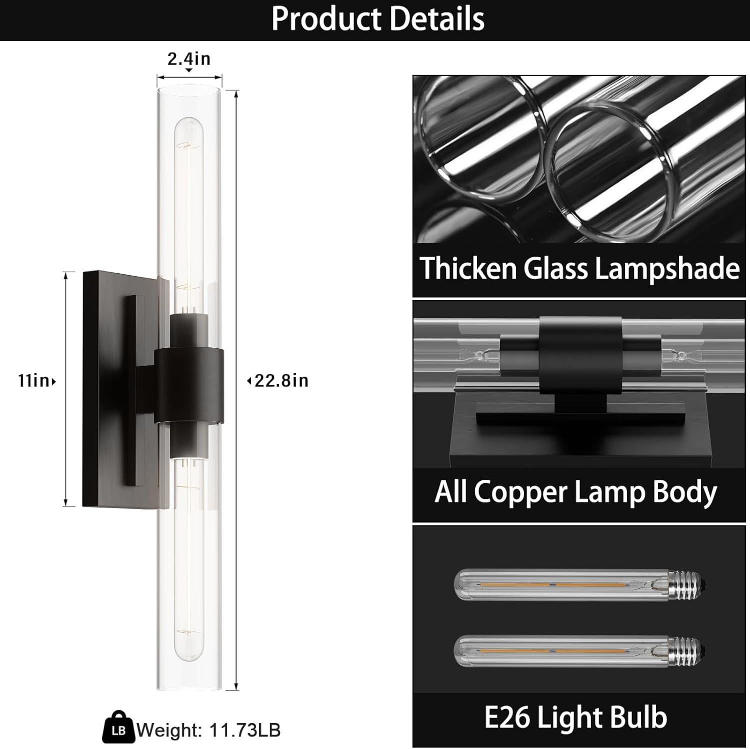 Mailus Wall Sconces, 22.8" Industrial-Chic Dual Glass Cylinder Wall Sconce(Set of 2)