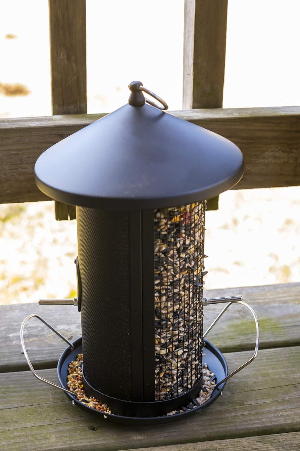 Matte Black Heavy Duty Metal Hanging Bird Feeder with Dual Nut and Seed Compartments