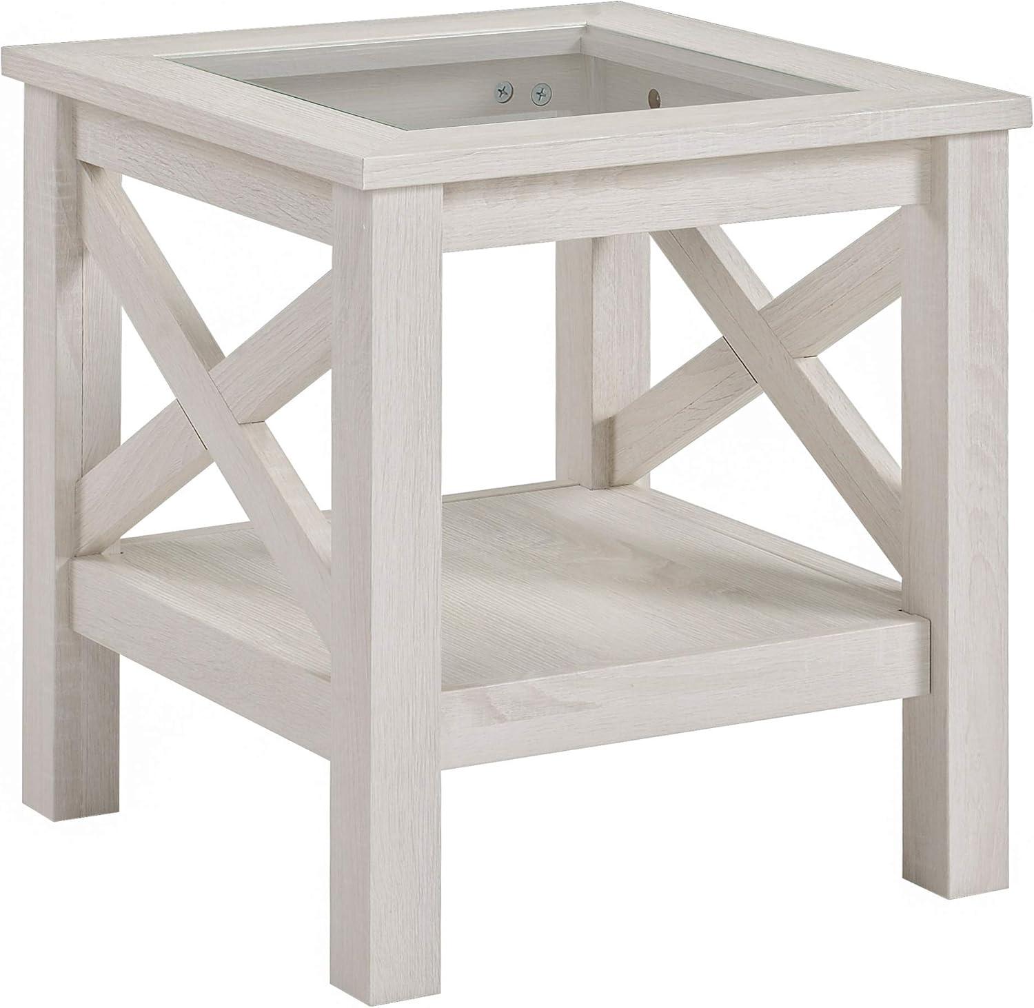 White Oak Wood and Glass End Table with Storage Shelf