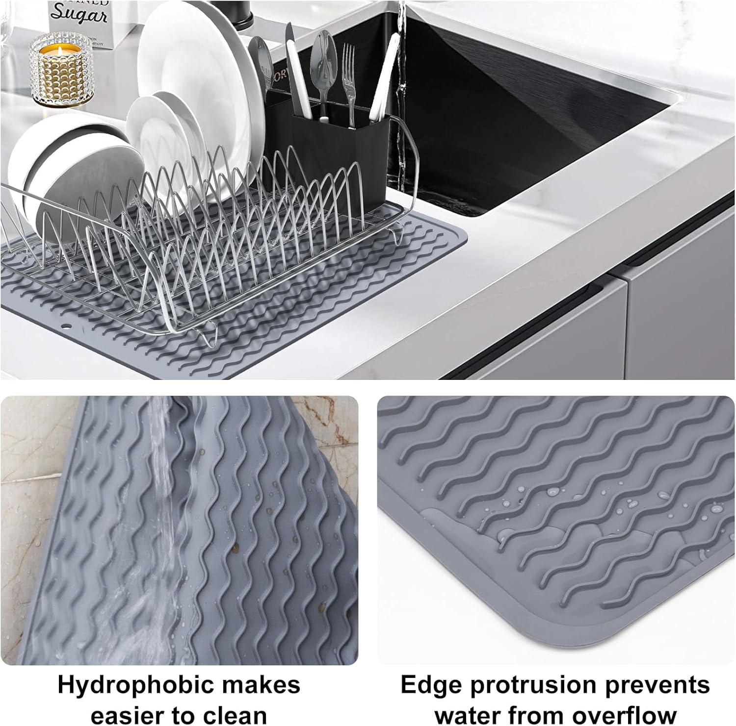 Silicone Dish Drying Mat, Non-Slip Dishwashing Mat for Kitchen Counter, Easy Clean, Waterproof, Heat-Resistant Silicone Mat 16''x12'' C49