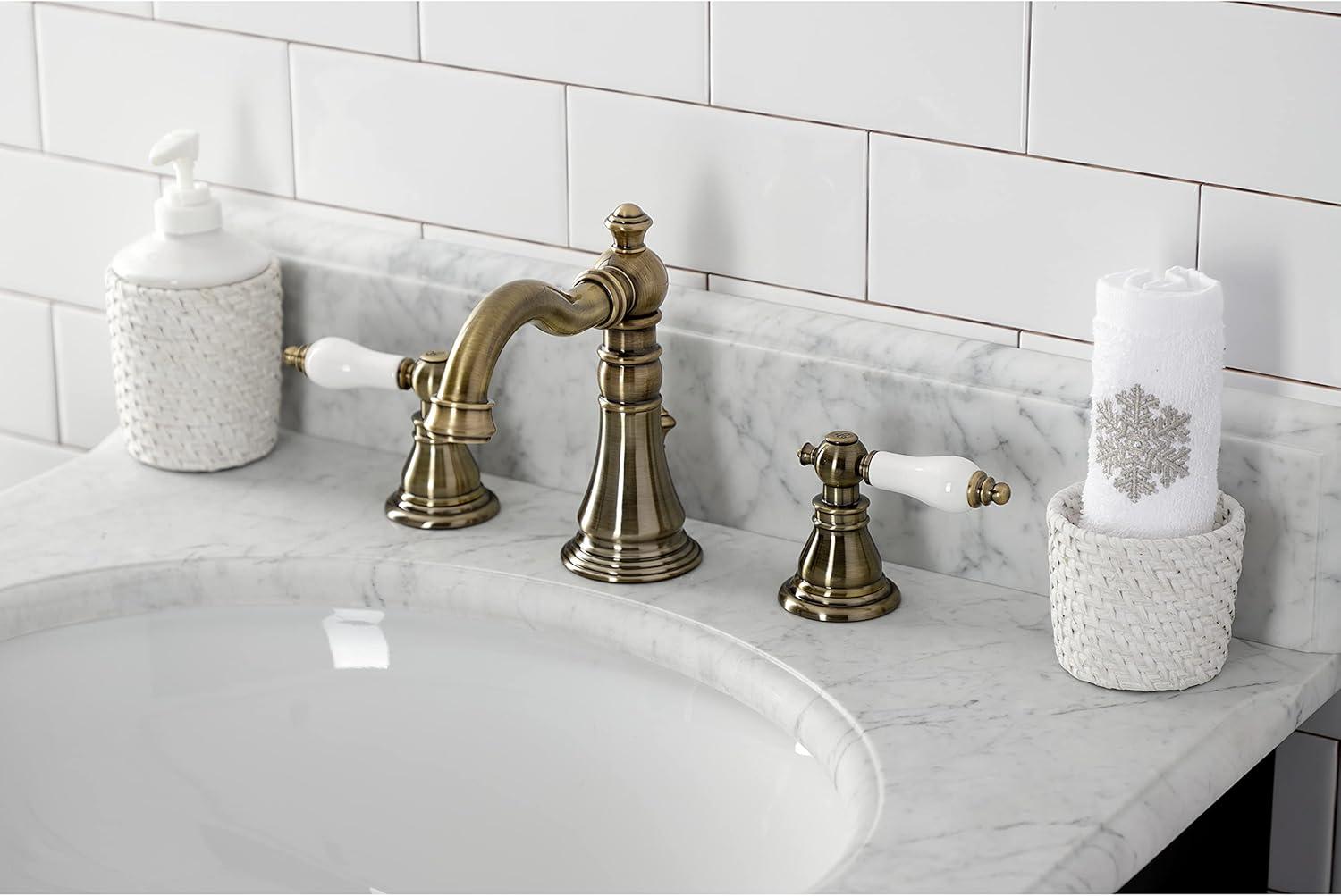 Kingston Brass American Patriot Two-Handle 3-Hole Deck Mount Widespread Bathroom Faucet with Brass Pop-Up Drain