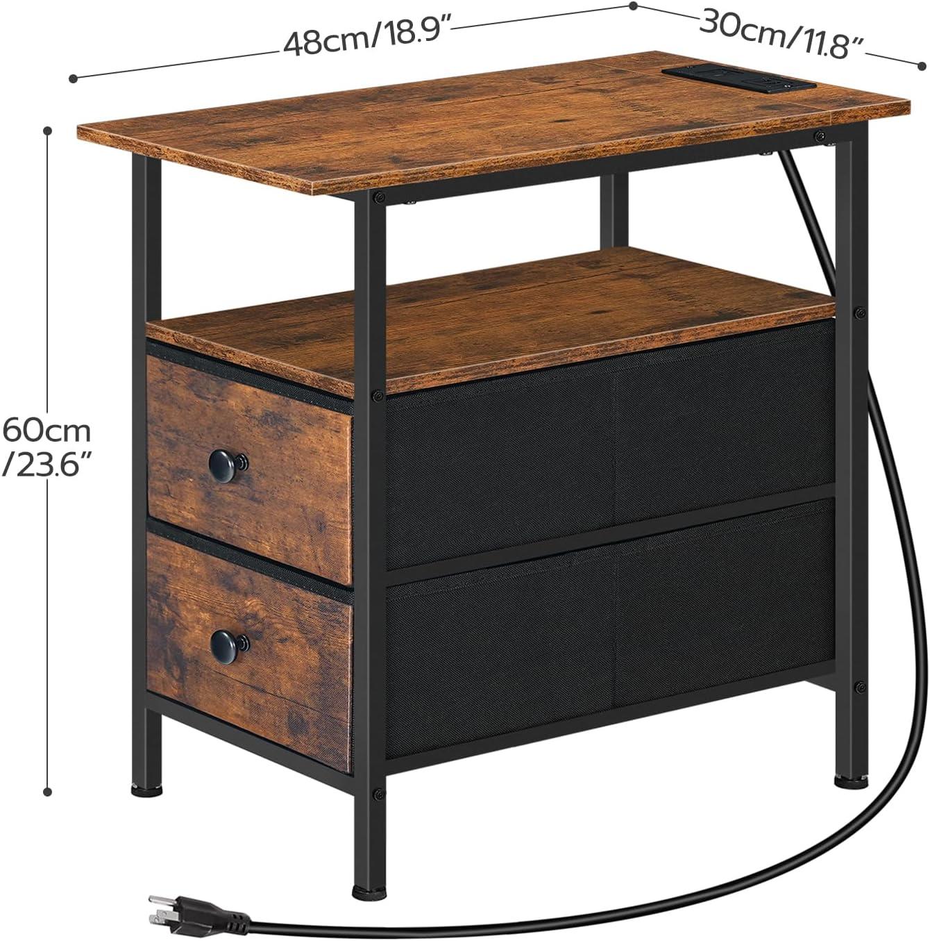 HOOBRO End Table with Charging Station, Narrow Side Table with 2 Drawer & USB Ports & Power Outlets, Nightstand for Small Spaces, for Living Room, Bedroom, Rustic Brown and Black BF541BZ01