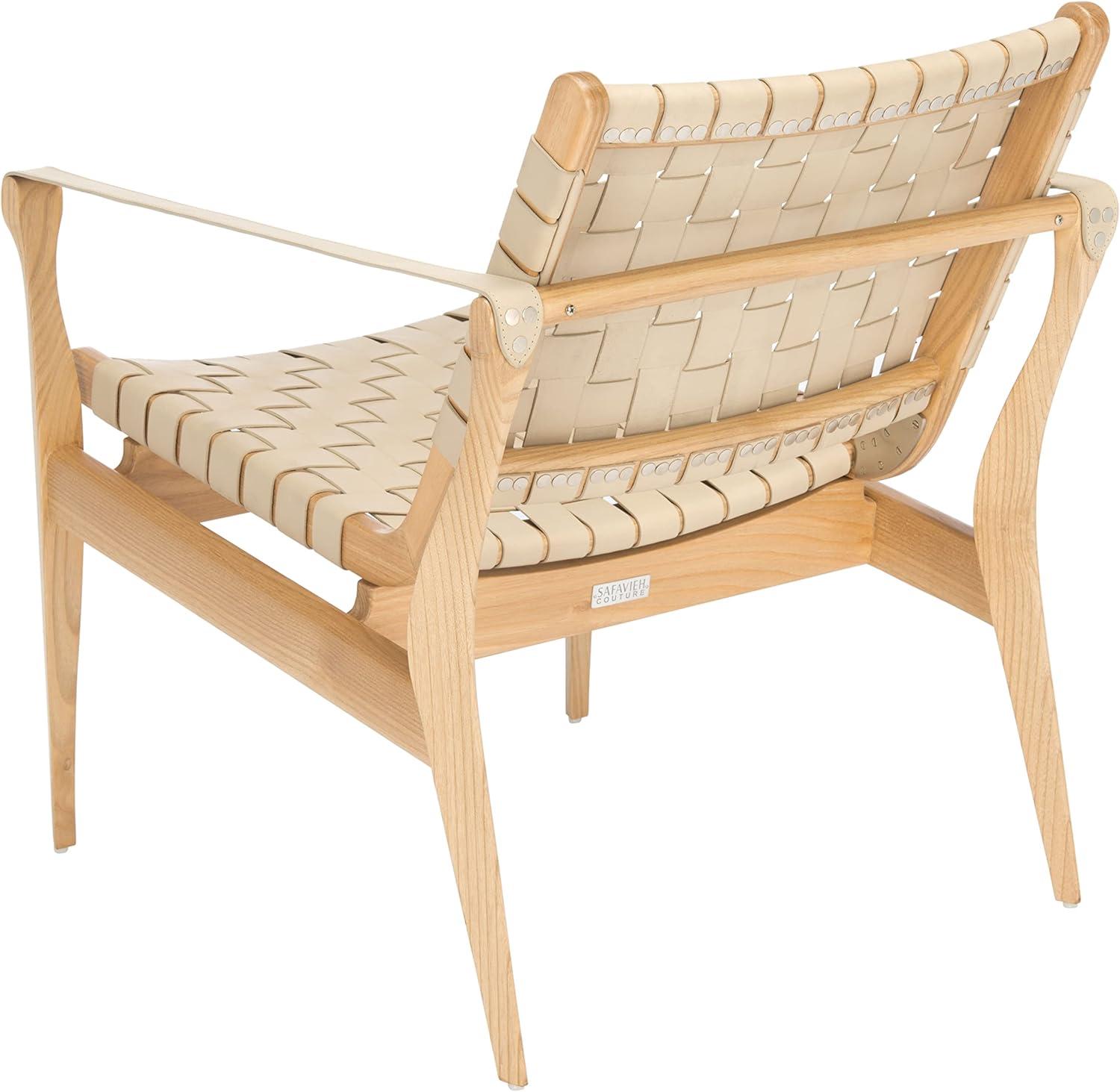 Cherry Mahogany & Woven Leather Safari Accent Chair - White