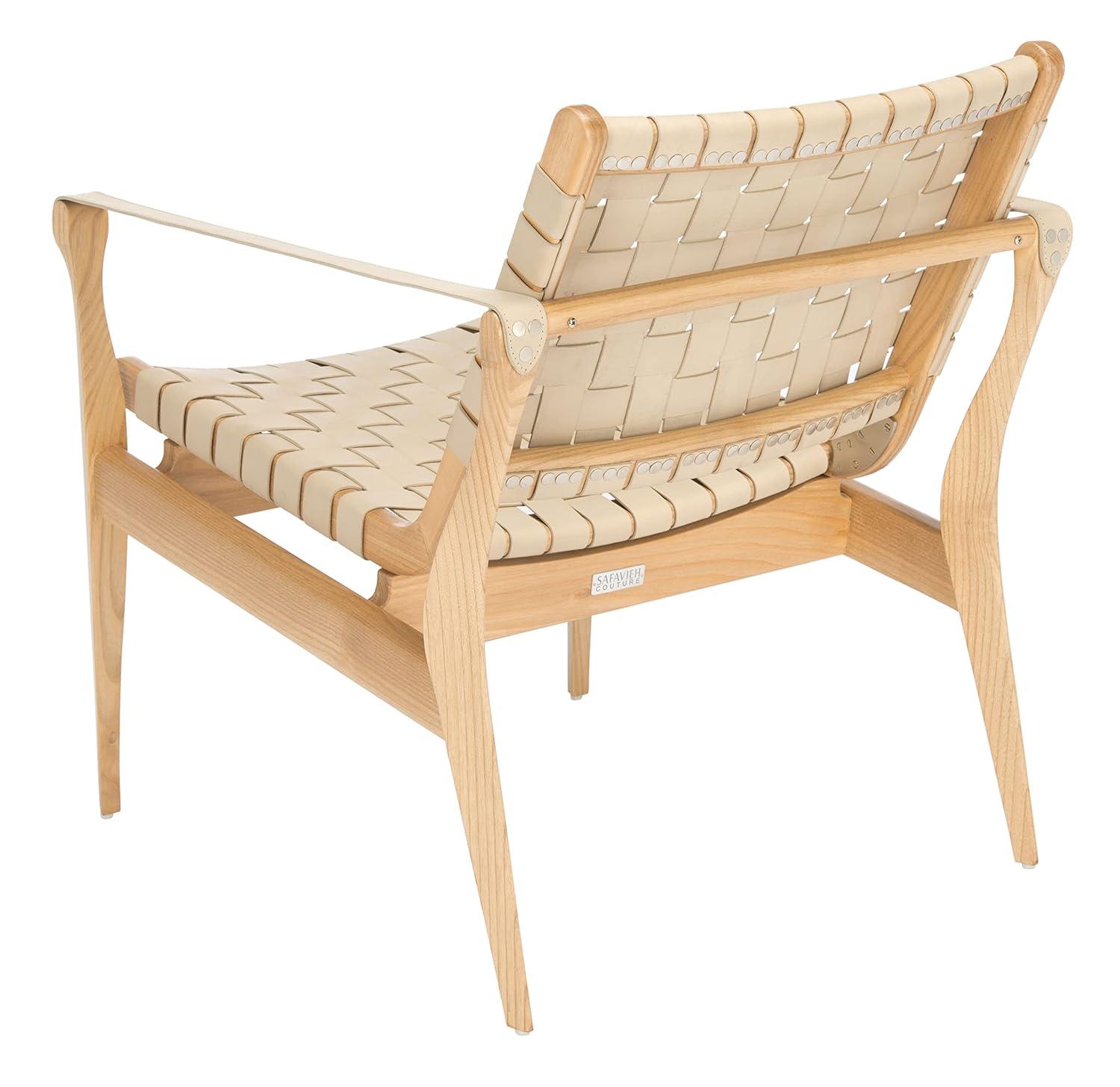 Cherry Mahogany & Woven Leather Safari Accent Chair - White