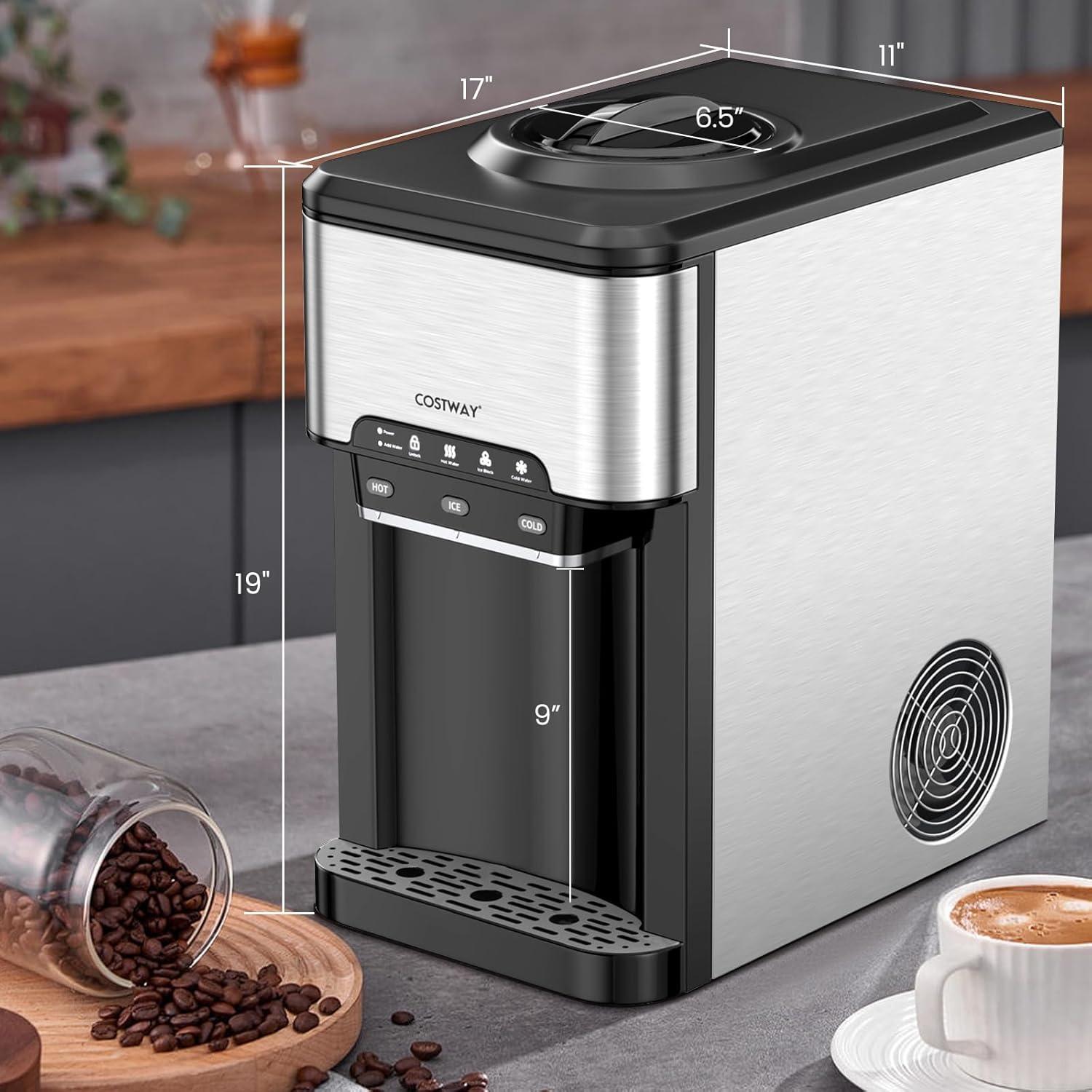 Kepooman Water Cooler Dispenser 3-in-1 with Built-in Ice Maker and 3 Temperature Settings-Silver