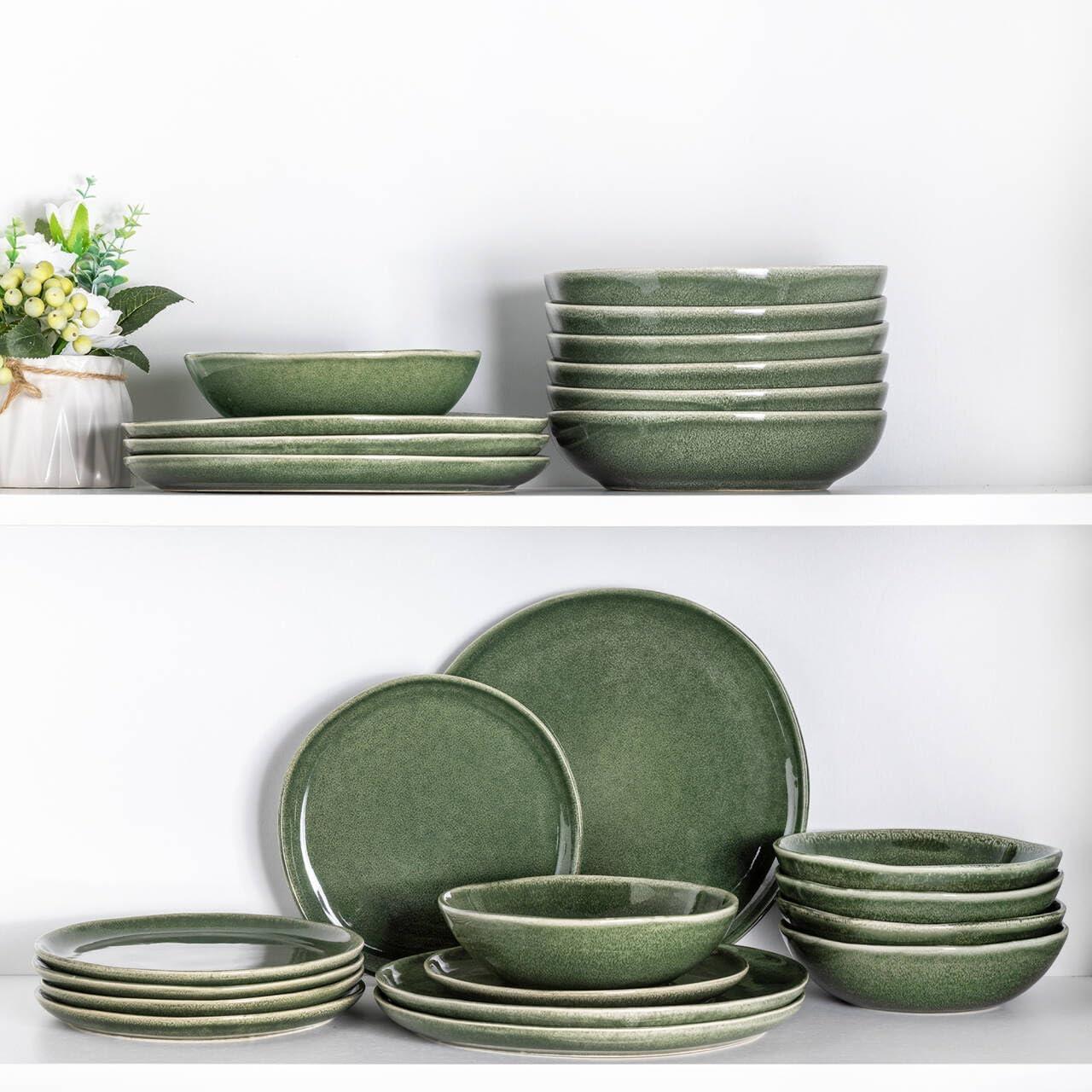 Olive Green and White Ceramic Dinnerware Set for 4