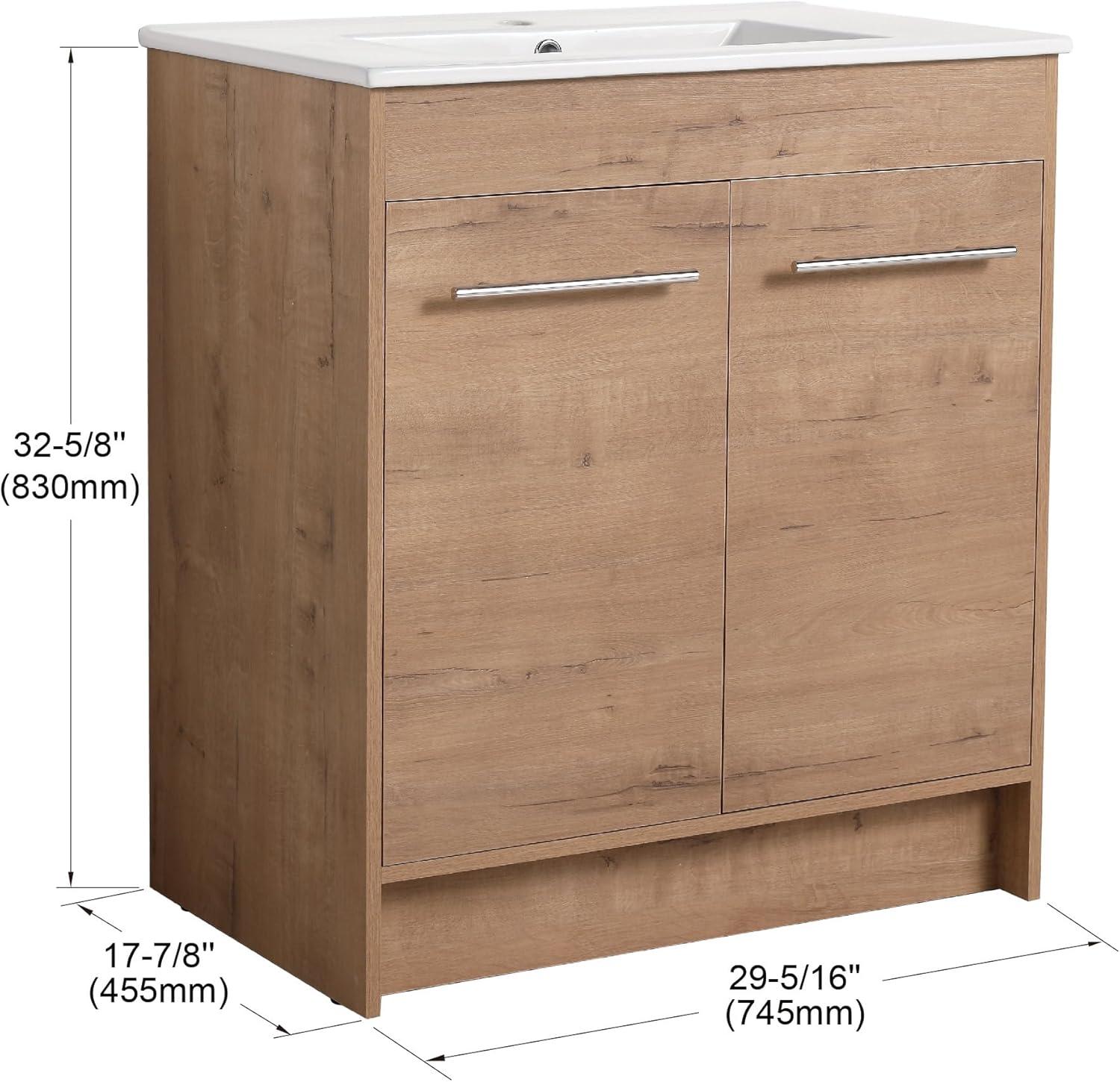 Natural Oak Freestanding Bathroom Vanity with Ceramic Sink, 30 Inch