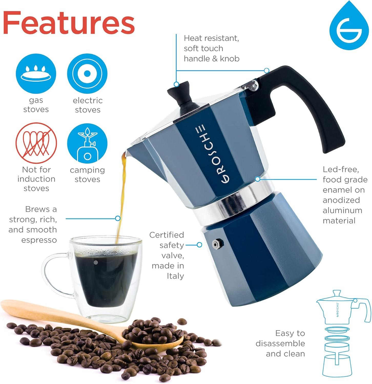 GROSCHE Milano Stovetop Espresso Maker Moka Pot 6 Espresso Cup size 9.3oz, Blue