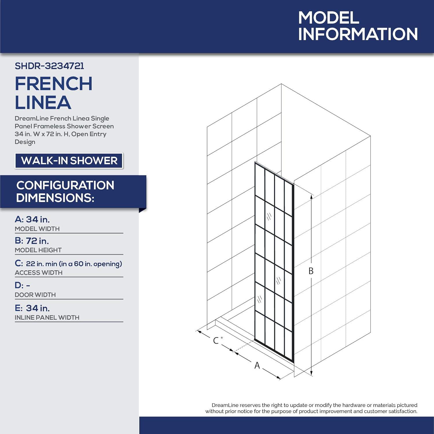 French Linea 34" W x 72" H Frameless Shower Door with ClearMax™ Technology