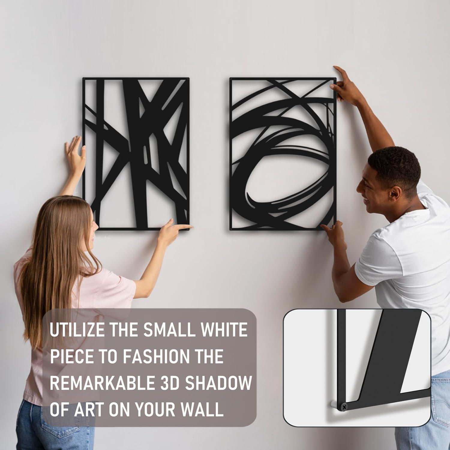 4 Pack Black Abstract Metal Wall Art, Minimalist Décor Single Line Art Décor, 3D Textured Sculptures, for Living Room Bedroom Bathroom Study (Black, M Size 16 x 11'')