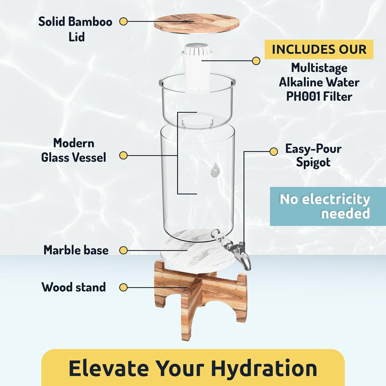 Invigorated Water pH Recharge Alkaline Water Filter Dispenser – BPA-Free Glass Countertop Water Filter Pitcher Purifier for Home & Office, 36-Cup Capacity, 360L Long Filter Life (Bamboo/Marble)