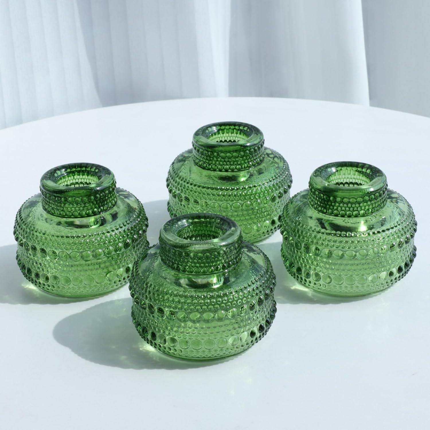 Green Ribbed Glass Reversible Candlestick Holders, Set of 4