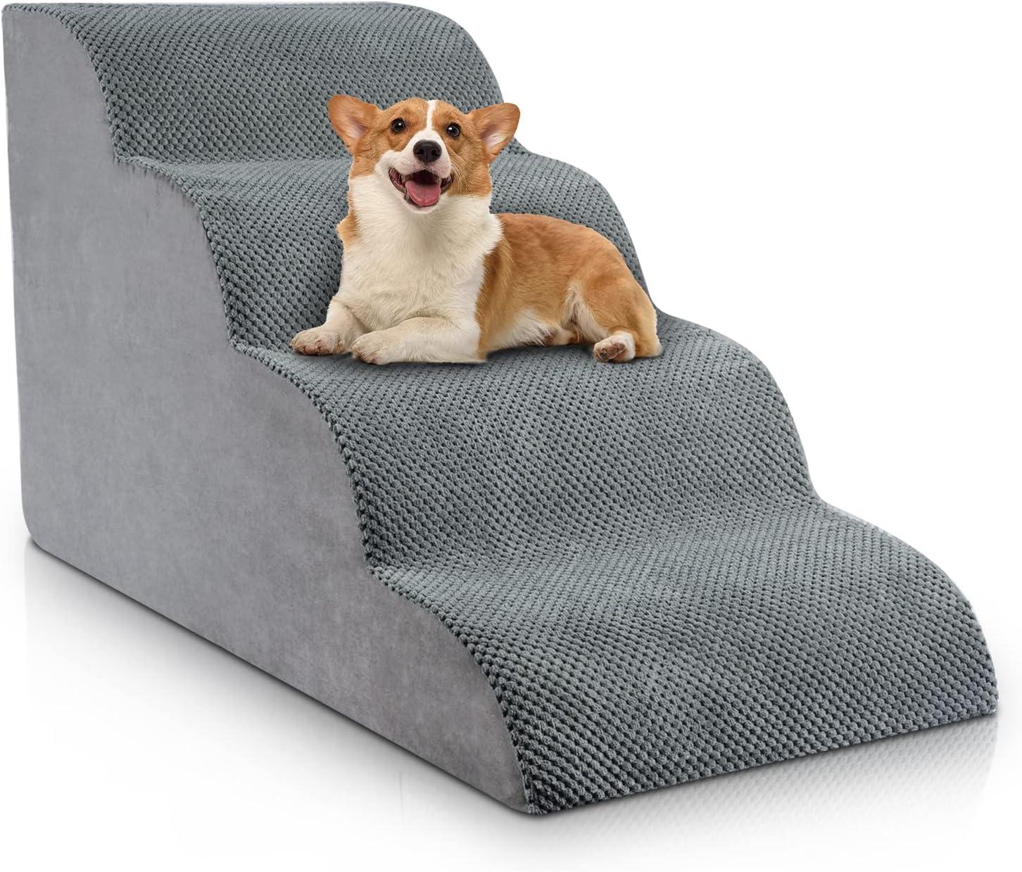 4 Steps Dog Stairs For Small Dogs, 18.5 Inch High, 30D Foam Dog Dtairs And Steps, Curved Steps