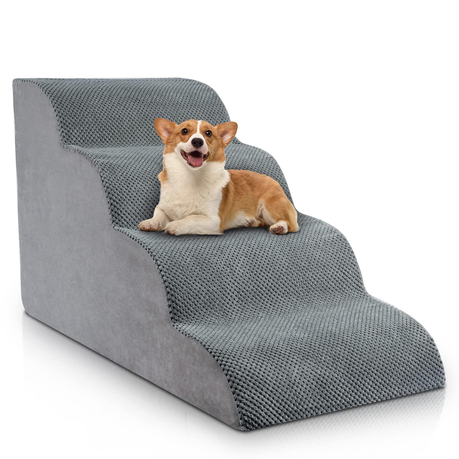 4 Steps Dog Stairs For Small Dogs, 18.5 Inch High, 30D Foam Dog Dtairs And Steps, Curved Steps