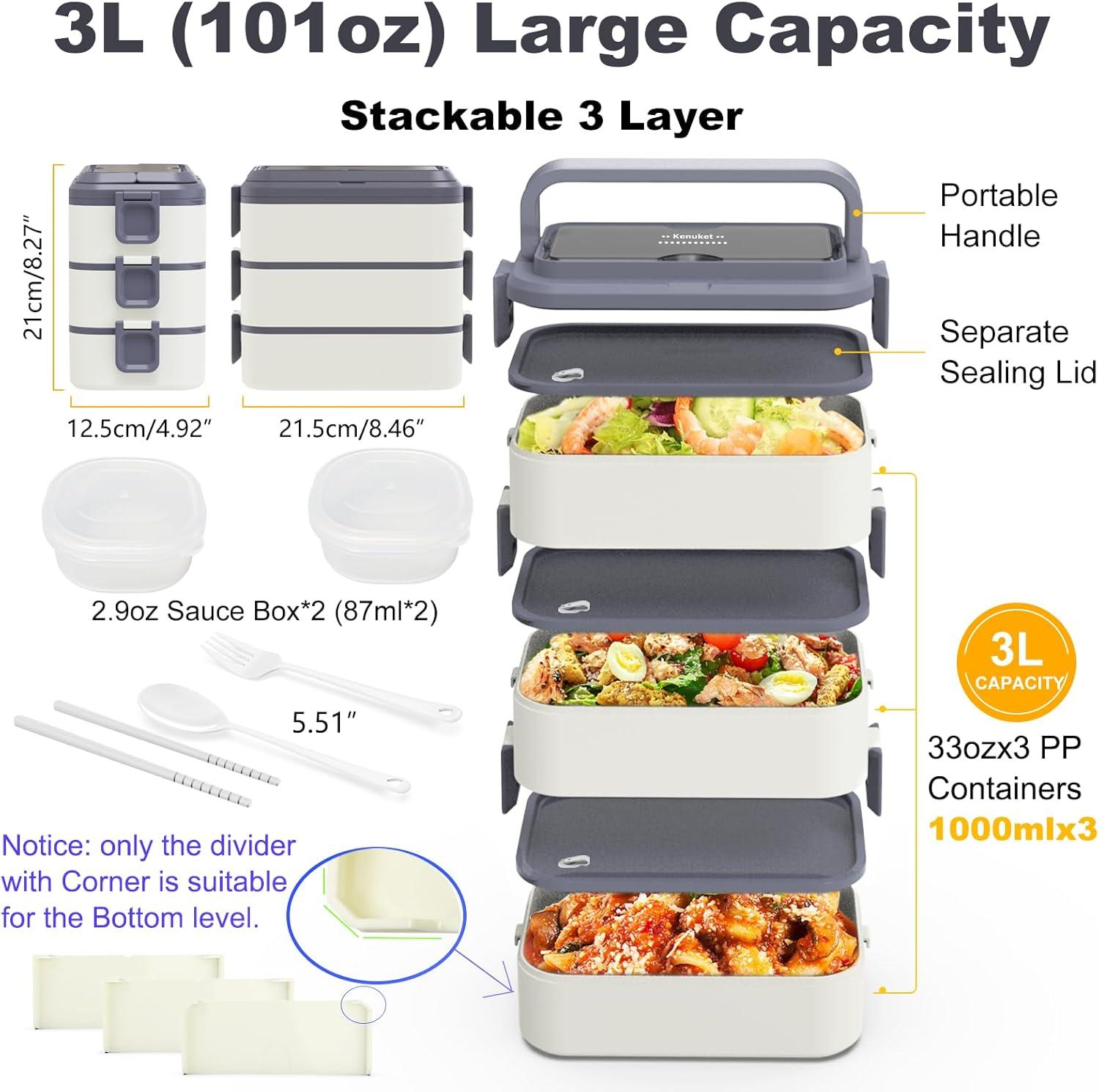Stackable Bento Box Adult Lunch Box, 3000ML Large Capacity On-the-Go 3 Layers, Leakproof Microwave Safe Lunch Containers with Utensil Set, Dividers, Sauce Boxes for Kids and Adults