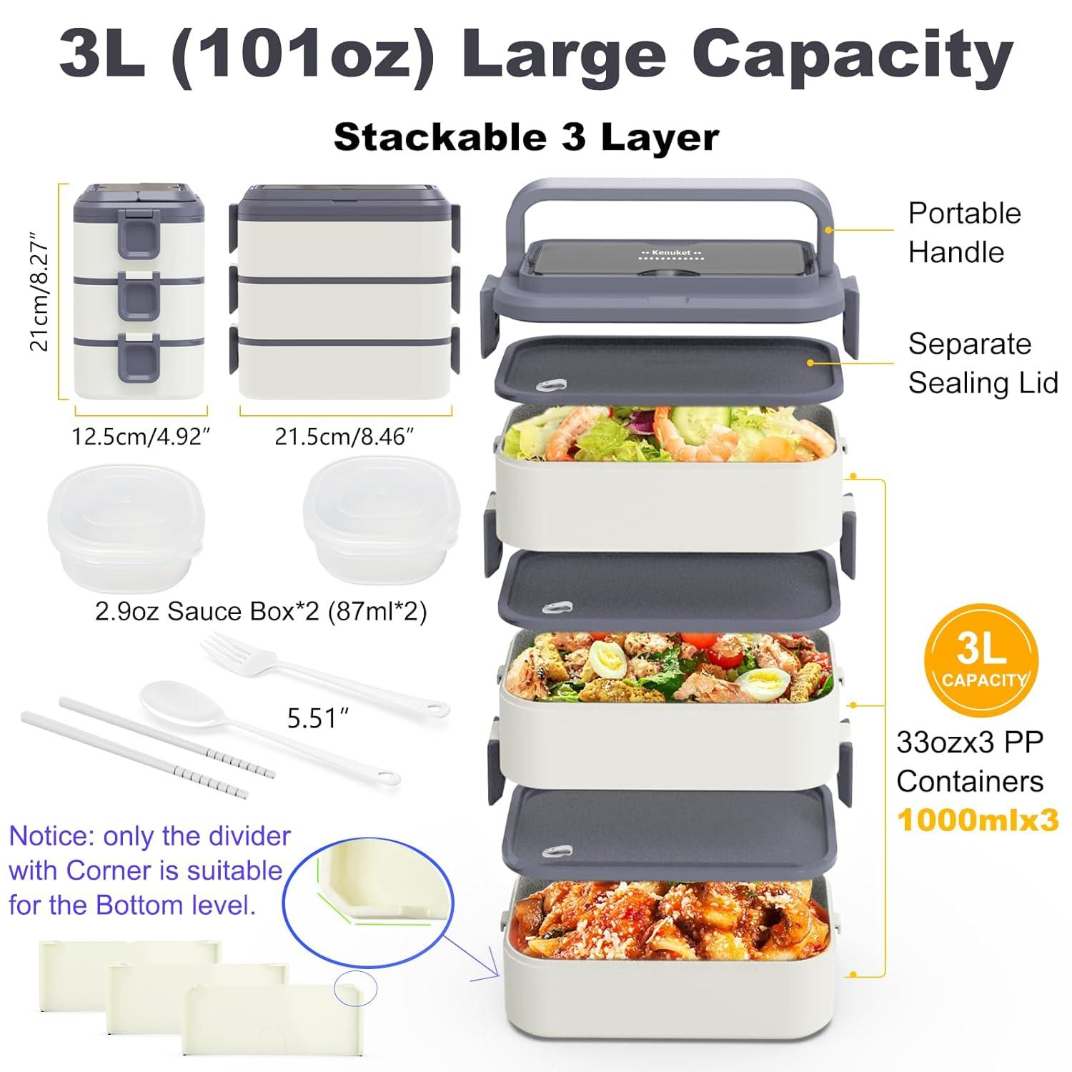 Stackable Bento Box Adult Lunch Box, 3000ML Large Capacity On-the-Go 3 Layers, Leakproof Microwave Safe Lunch Containers with Utensil Set, Dividers, Sauce Boxes for Kids and Adults