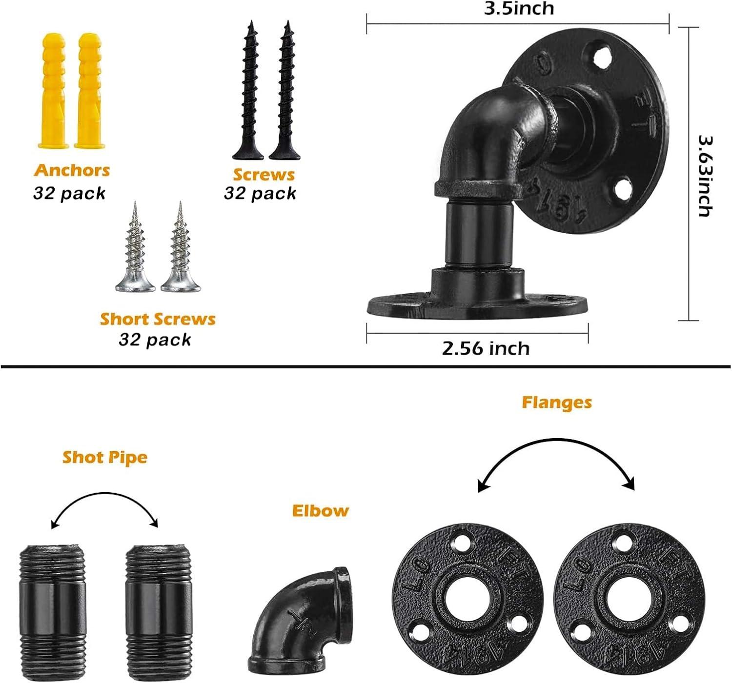 6 Pack Industrial DIY Wall Mount Pipe Shelving Brackets, Vintage Black Iron Rustic Home Shelf