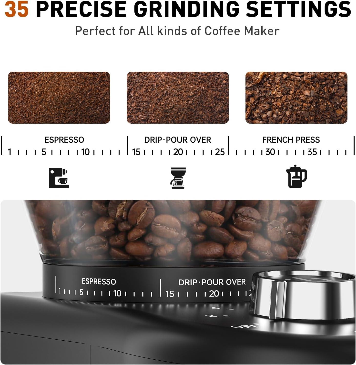 Secura Conical Burr Coffee Grinder with 35 Grinding settings Coffee Grinder for Espresso/Drip/French Press Coffee Maker, 2-12 Cups Black