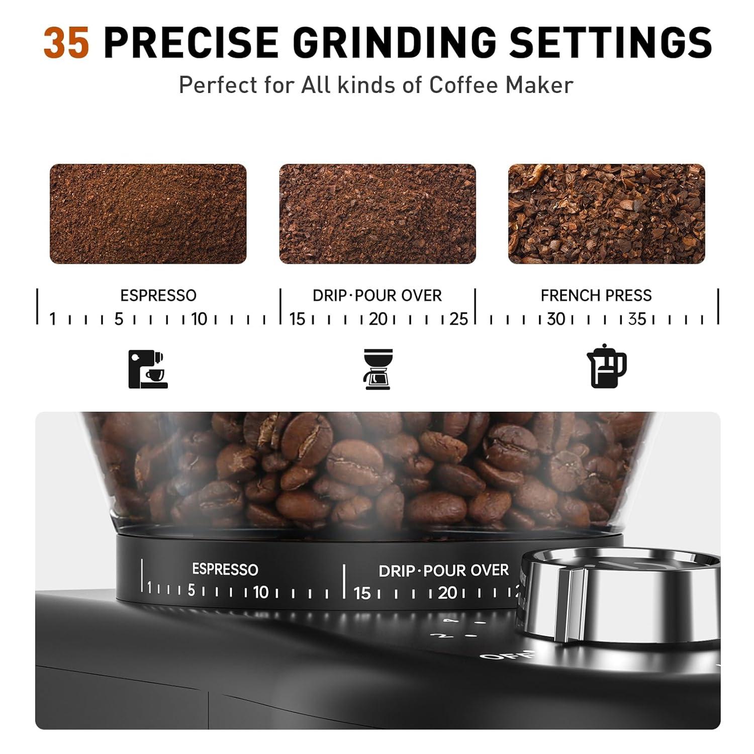 Secura Conical Burr Coffee Grinder with 35 Grinding settings Coffee Grinder for Espresso/Drip/French Press Coffee Maker, 2-12 Cups Black