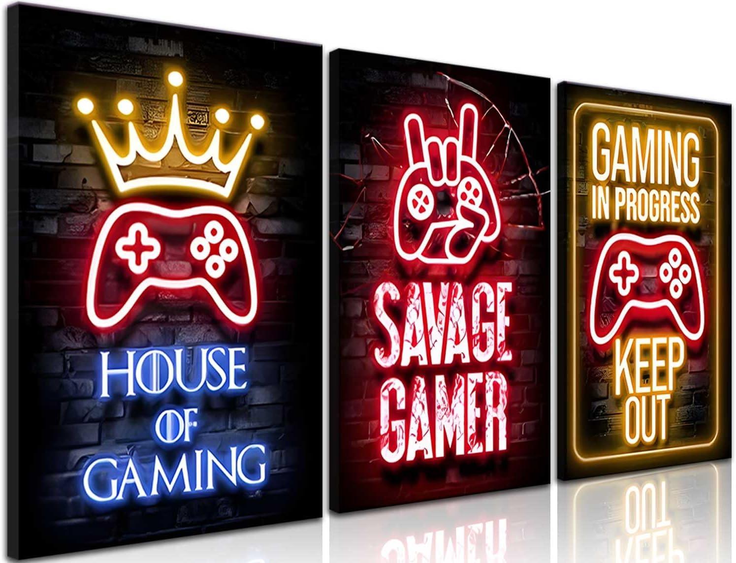 3 Pcs Framed Neon Gamer Symbol Canvas Wall Art Paintings Gaming Wall Decor Prints Pictures Posters Artwork for Kids Teenage Boys Game Room Playroom Bedroom Decoration Ready to hang Gifts for Gamers