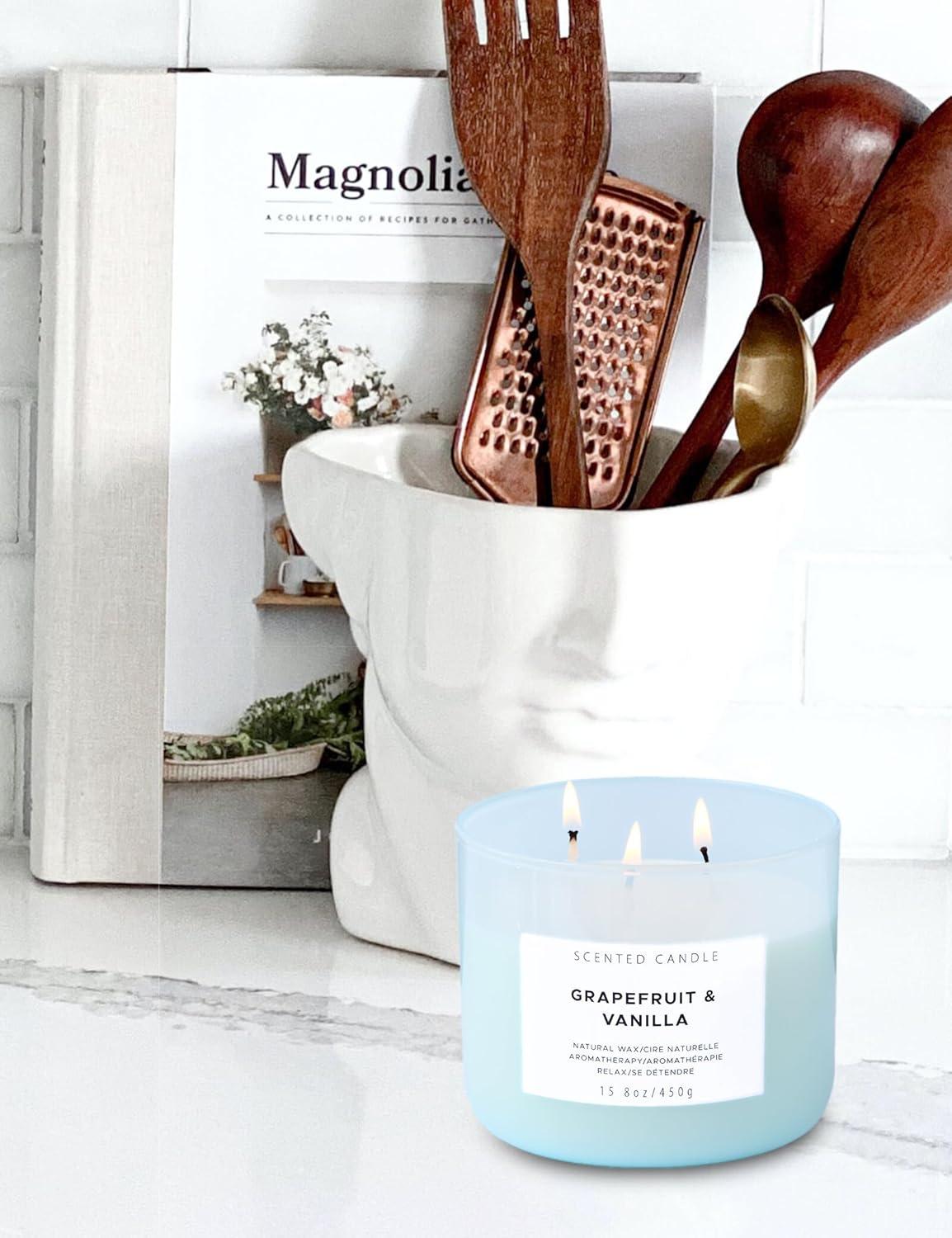 Grapefruit Vanilla Aromatherapy Candle 3 Wick Large Soy Scented Candles for Men and Women 15.8 Oz