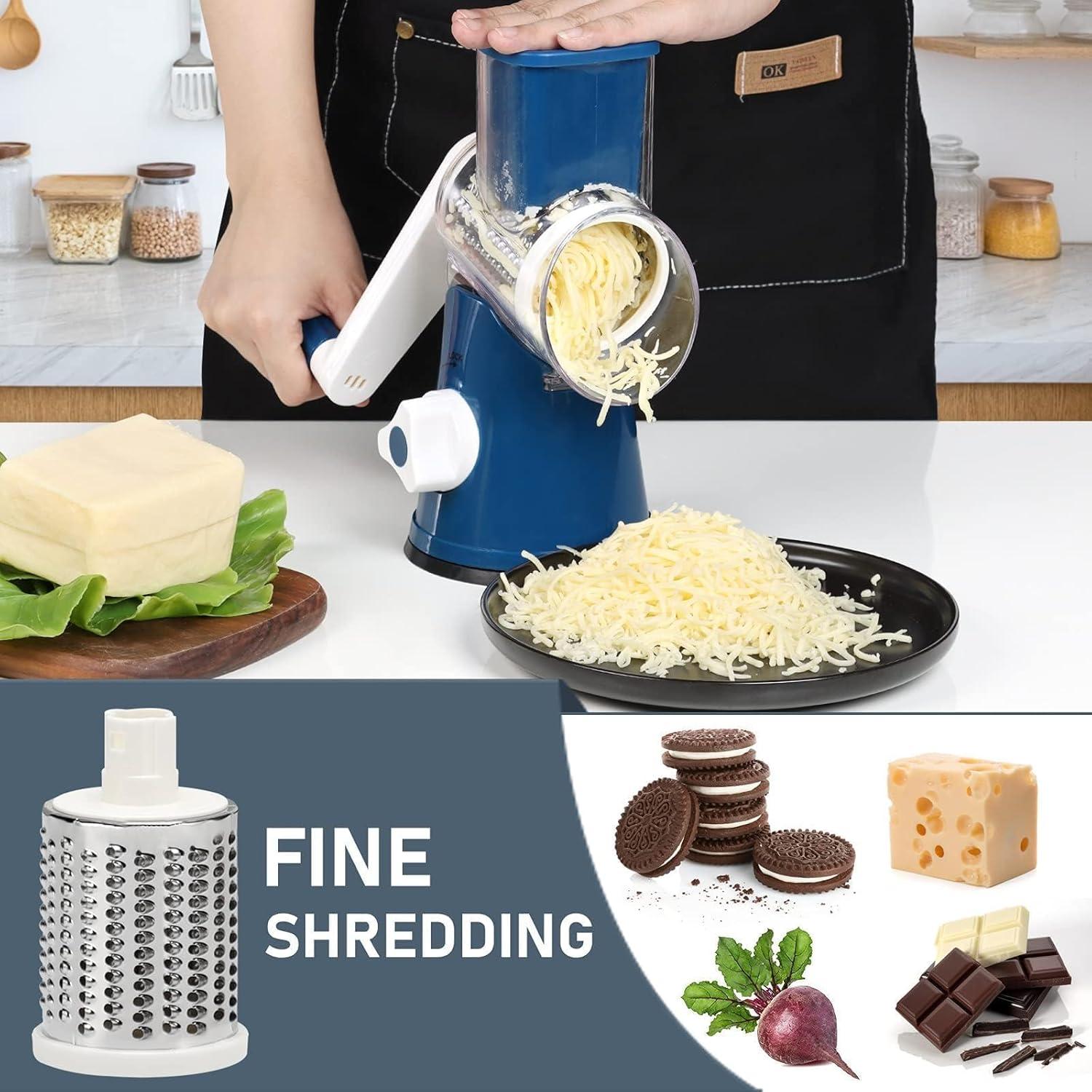 TURTM  KEOUKE Rotary Cheese Grater with Ergonomic Handle - Effortless Slicing & Grating for Cheese  Potatoes  Zucchini  Nuts & Chocolate - 3 Interchangeable Stainless Steel Blades - Versa