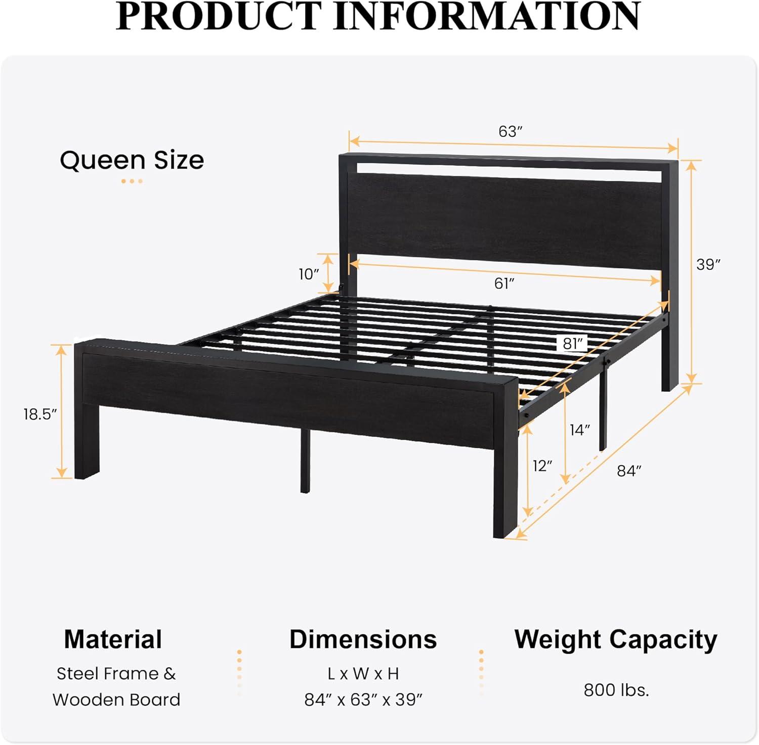 14 Inch Queen Size Metal Platform Bed Frame with Wooden Headboard and Footboard, Mattress Foundation, No Box Spring Needed, Large Under Bed Storage, Non-Slip, Black Oak