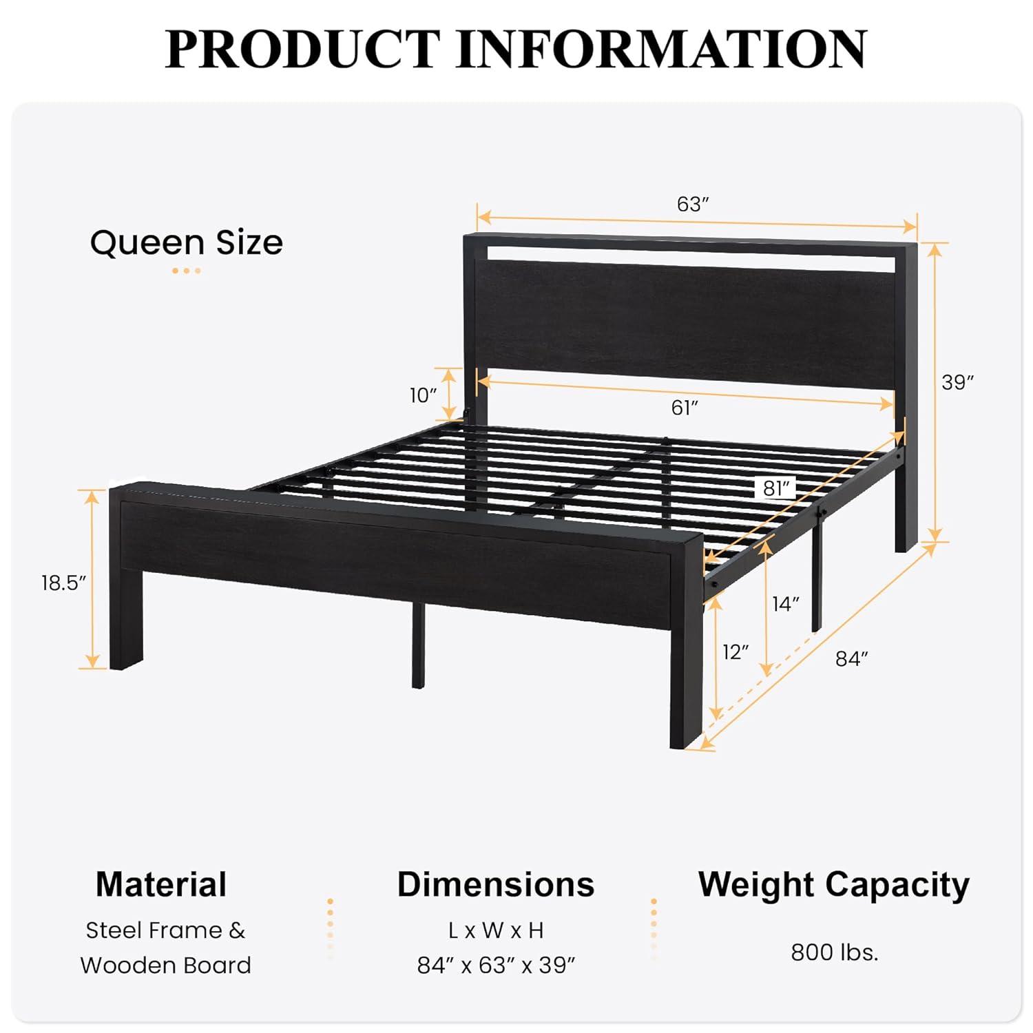 17 Stories 14 Inch Queen Size Metal Platform Bed Frame with Wooden Headboard and Footboard,No Box Spring Needed